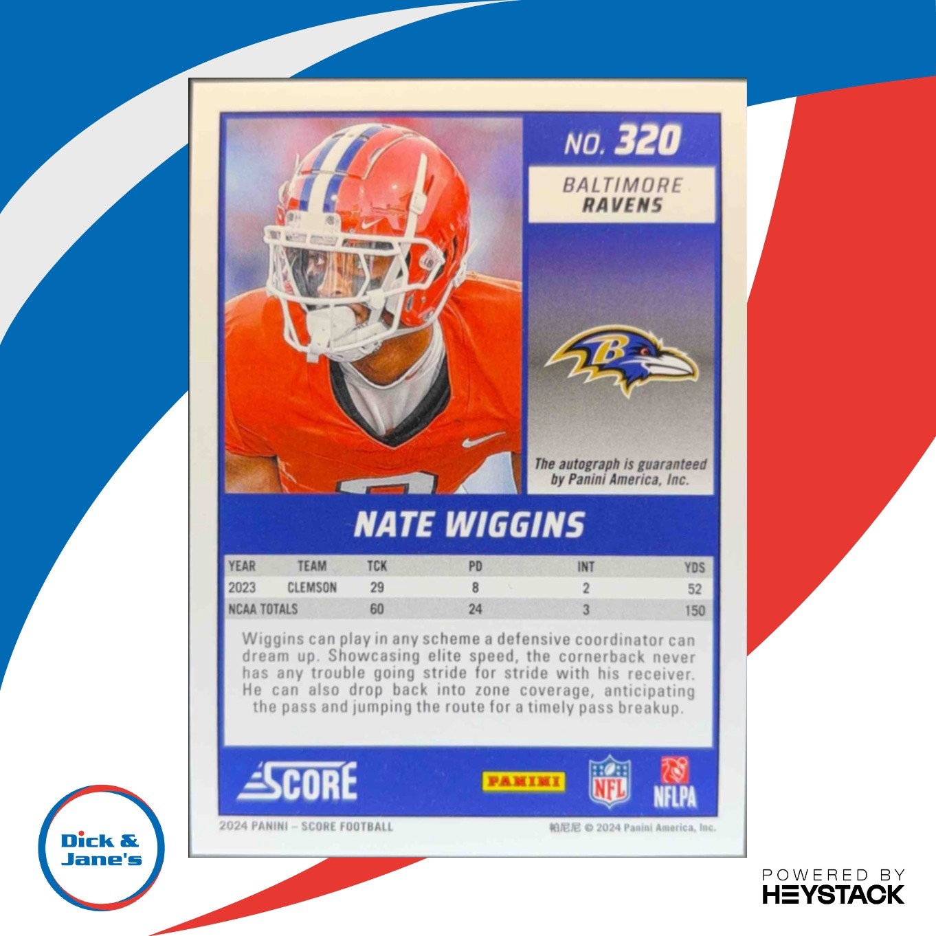 2024 Panini Score Nate Wiggins Signatures #320 Auto RC Baltimore Ravens