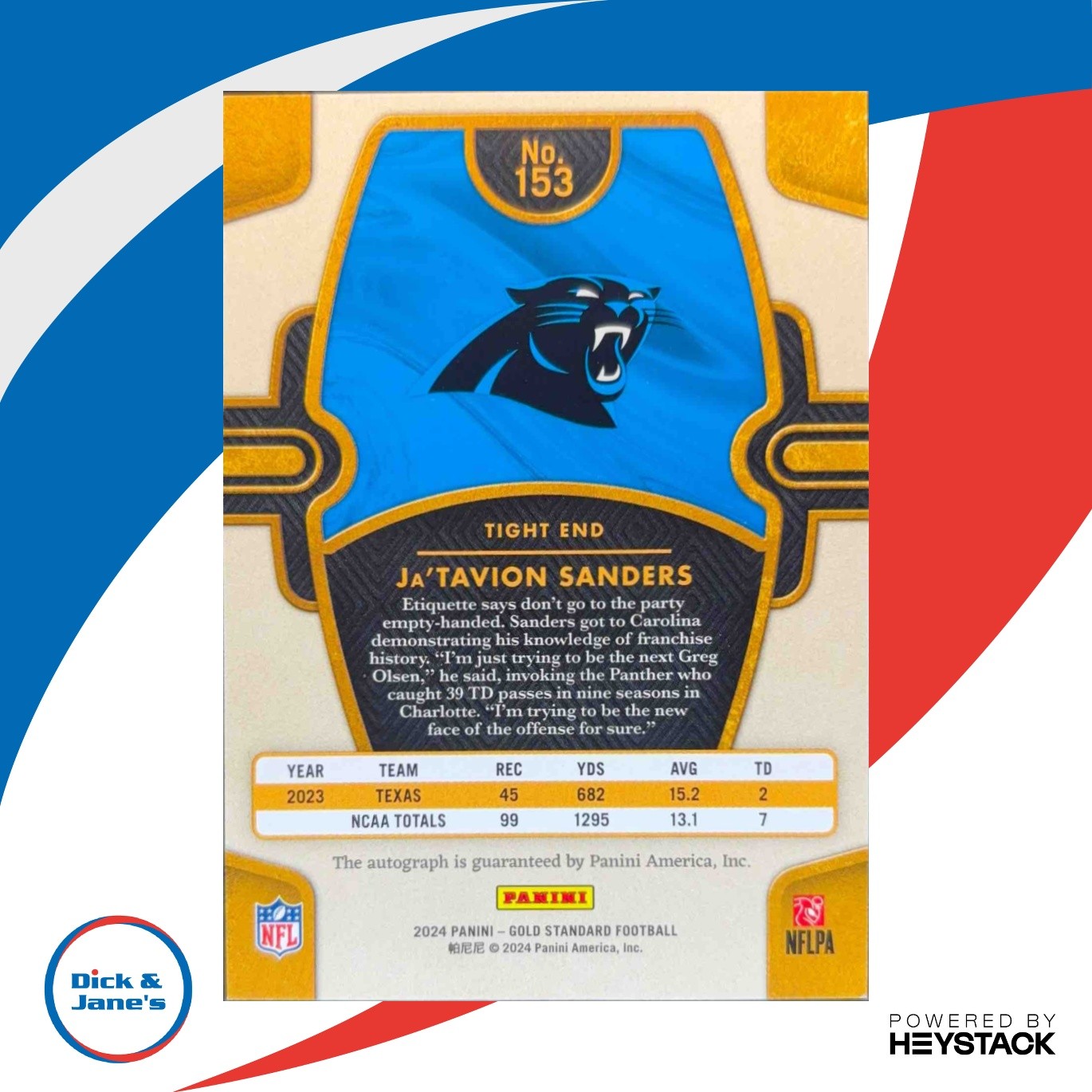 2024 Panini Gold Standard Ja Tavion Sanders Auto 33/299 RC Carolina Panthers