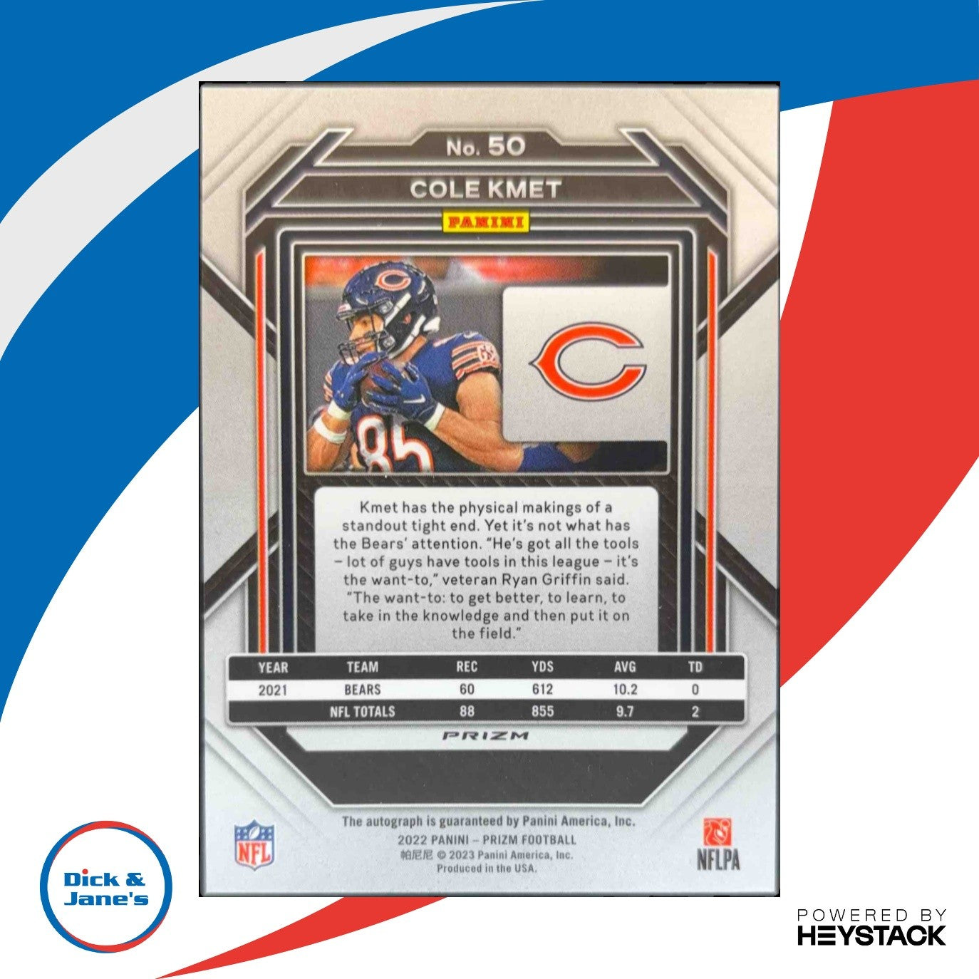 2022 Panini Prizm Cole Kmet Auto Silver #50 Chicago Bears