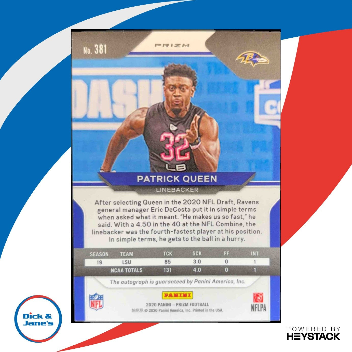 2020 Prizm Patrick Queen Rookie Auto Neon Green Pulsar #381 RC Baltimore Ravens