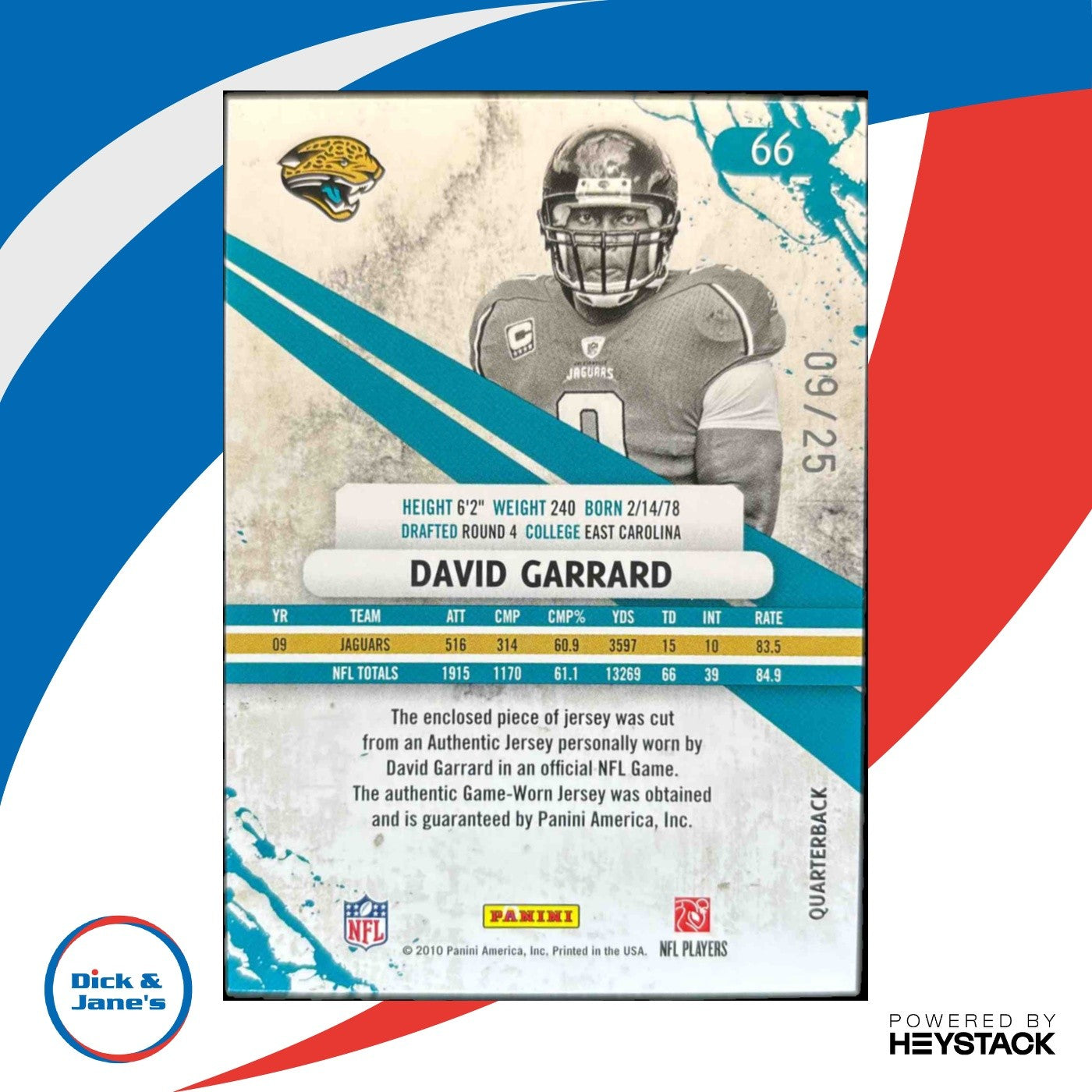 2010 Rookies & Stars David Garrard Materials Black Prime Longevity 9/25 Jaguars