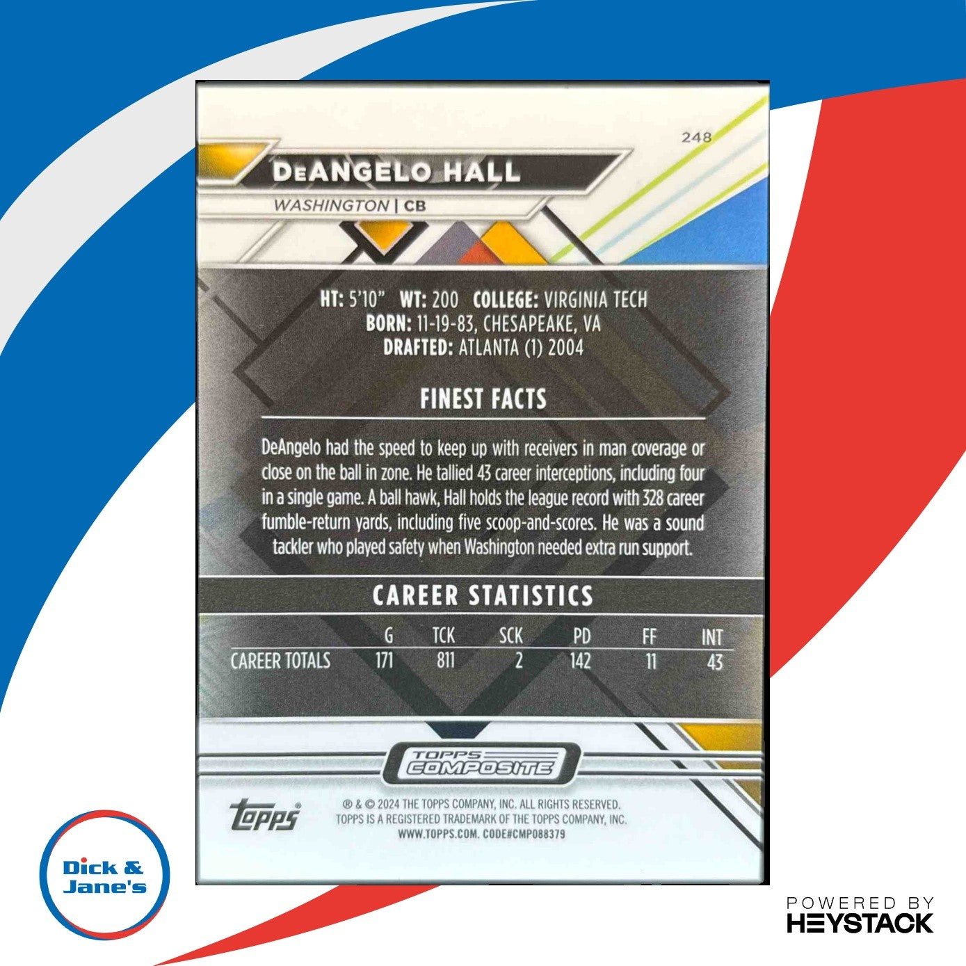 2023 Topps Composite DeAngelo Hall Finest Sky Blue Refractor 18/150 Redskins