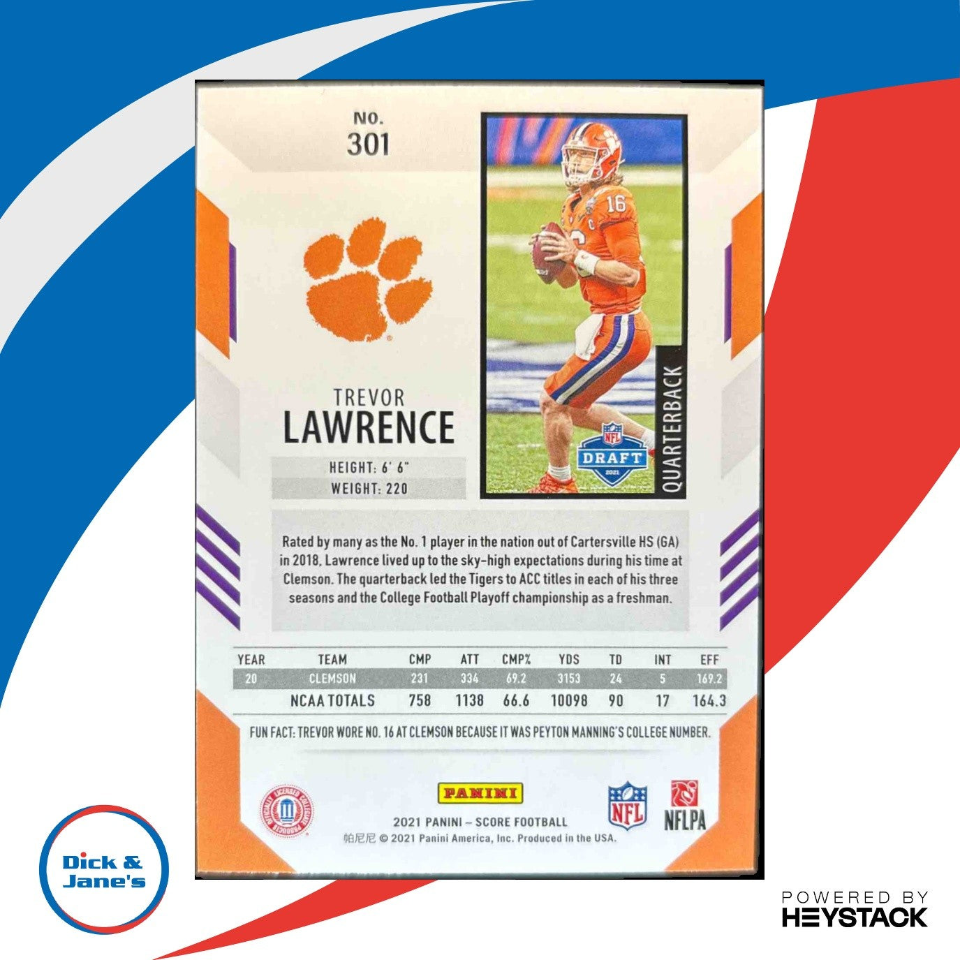 2021 Panini Score Trevor Lawrence Gold #301 RC Clemson Tigers