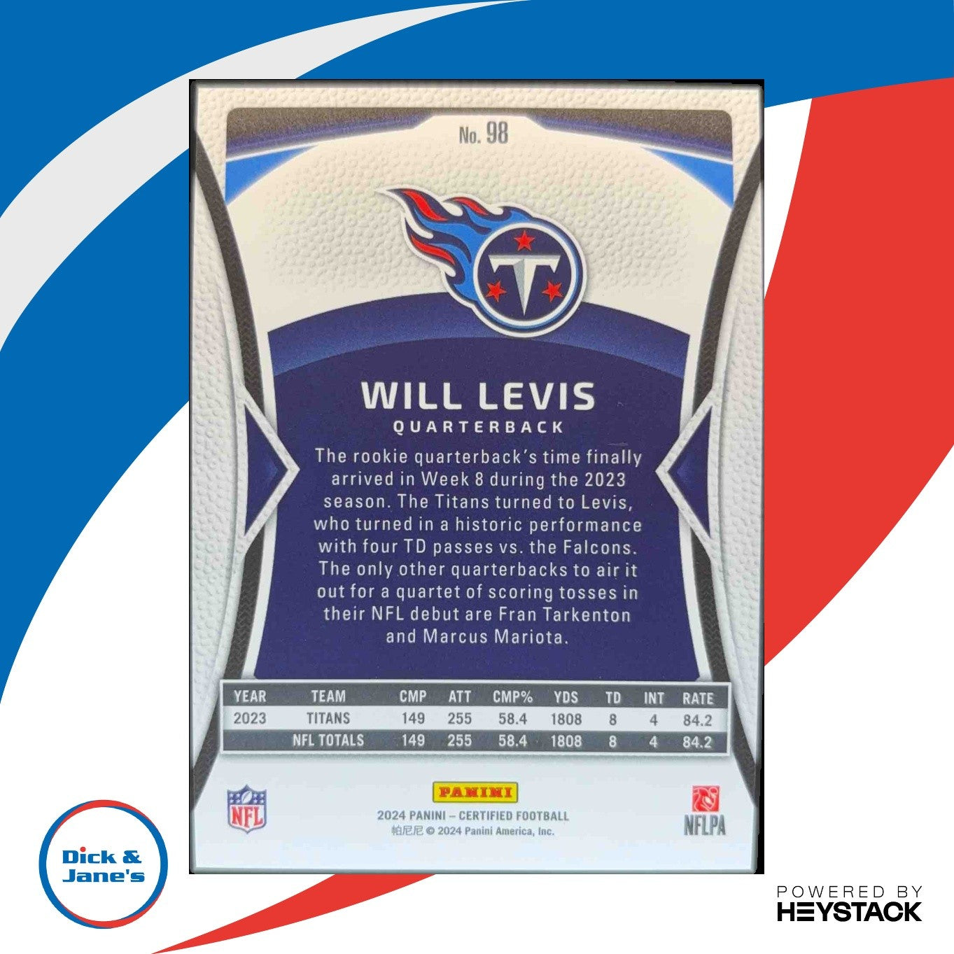 2024 Panini Certified Will Levis Orange Mirror 136/150 #98 Tennessee Titans