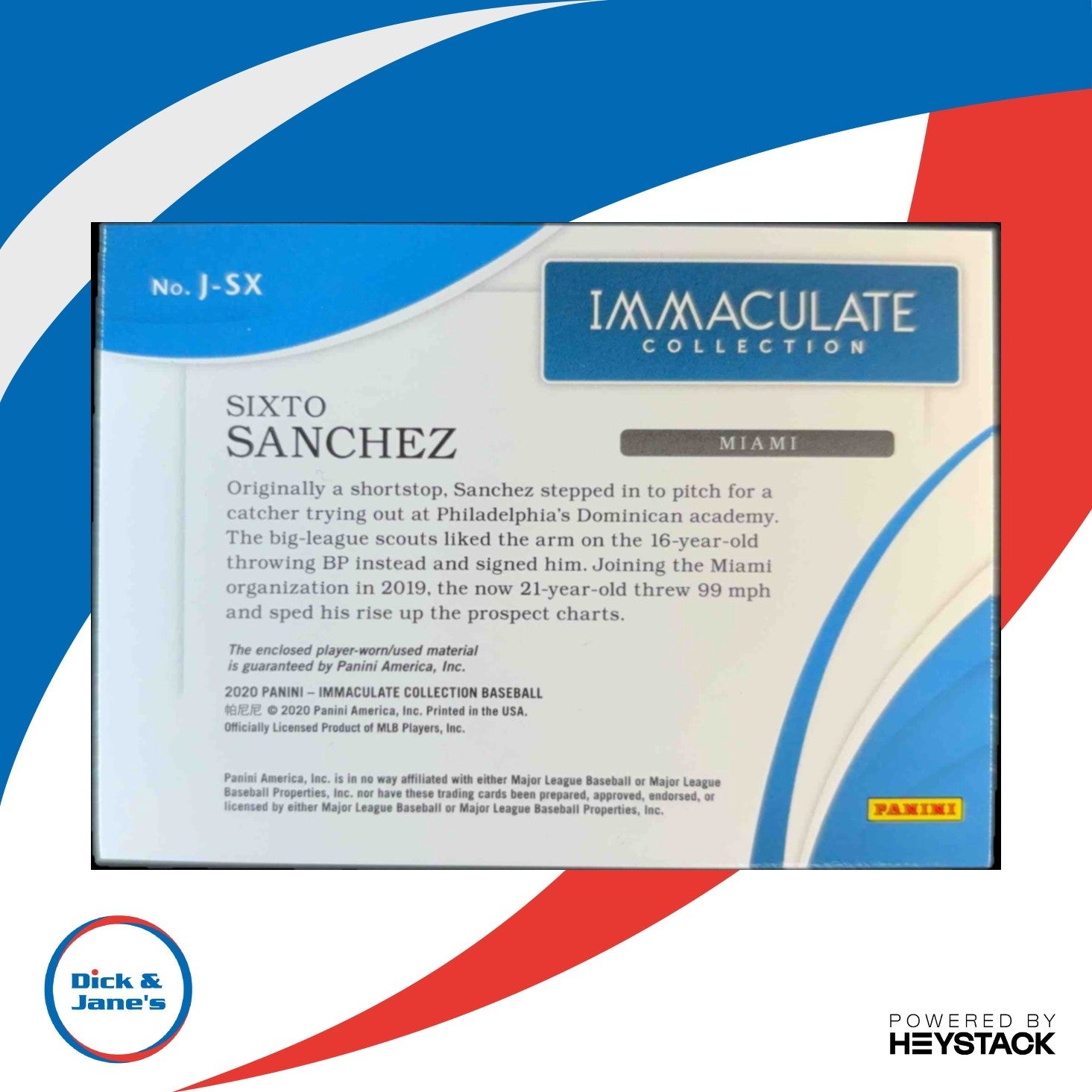 2020 Immaculate Collection Sixto Sanchez Jumbo Cleats /8 #J-SX MEM Miami Marlins