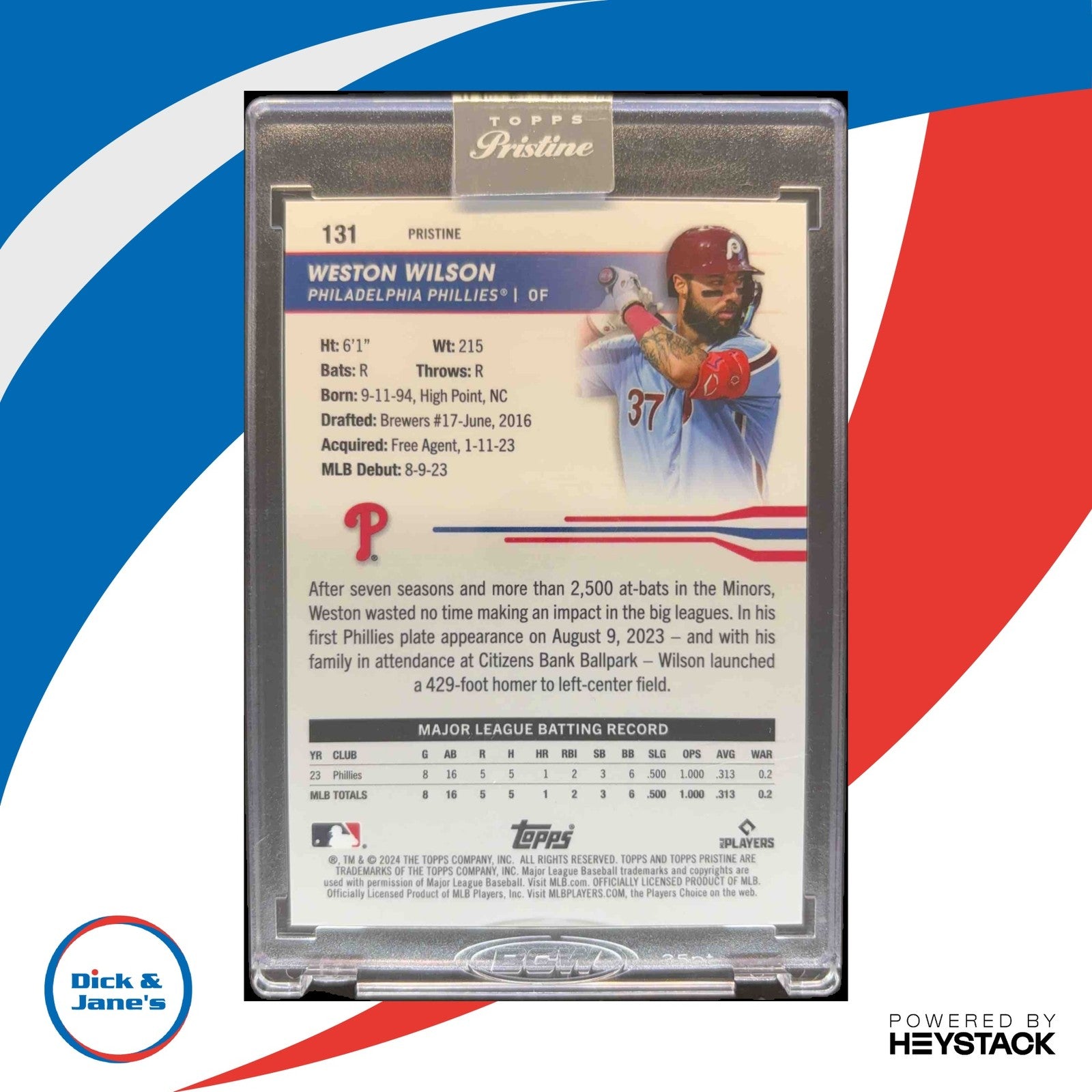 2024 Topps Pristine Weston Wilson Blue Refractor 26/75 RC Philadelphia Phillies