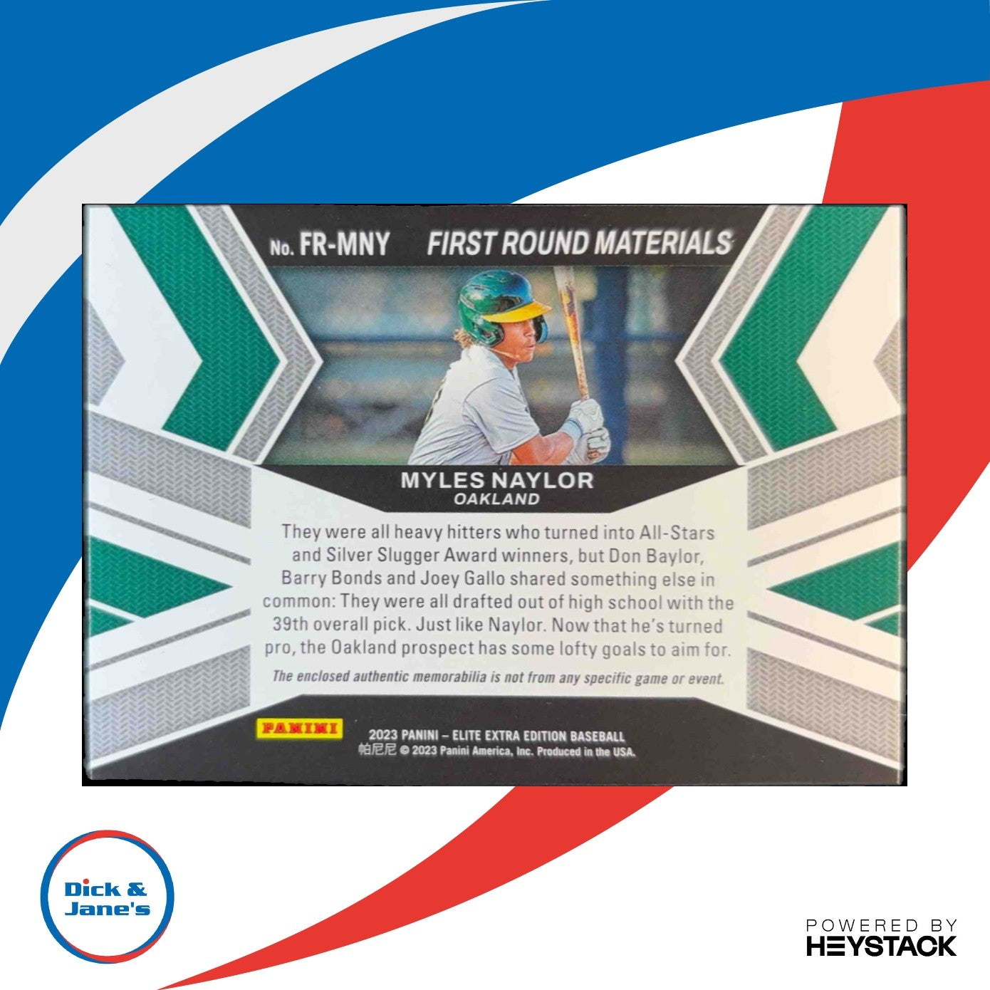 2023 Panini Elite Extra Edition Myles Naylor First Round Materials Oakland A's