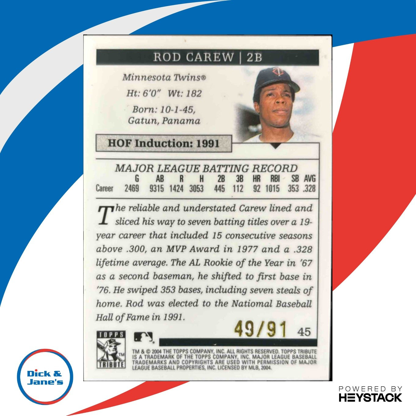 2004 Topps Tribute HOF Rod Carew Gold /79 #45 Minnesota Twins