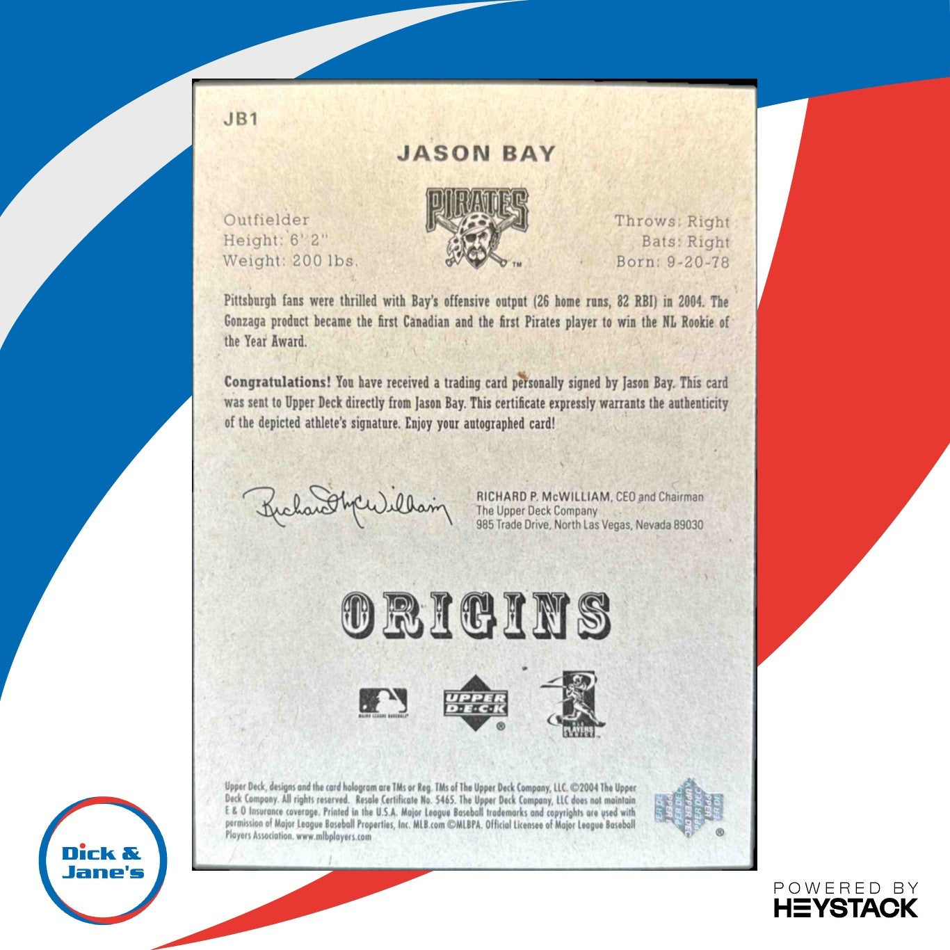 2005 Upper Deck Origins Jason Bay Signatures #JB1 Pittsburgh Pirates