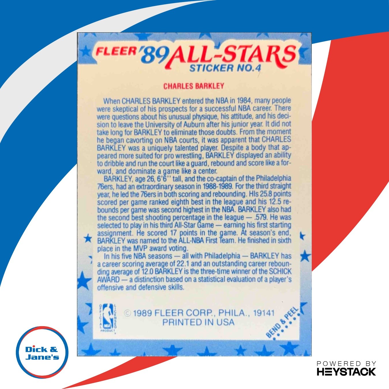 1989-90 Fleer Charles Barkley Stickers #4 Philadelphia 76ers