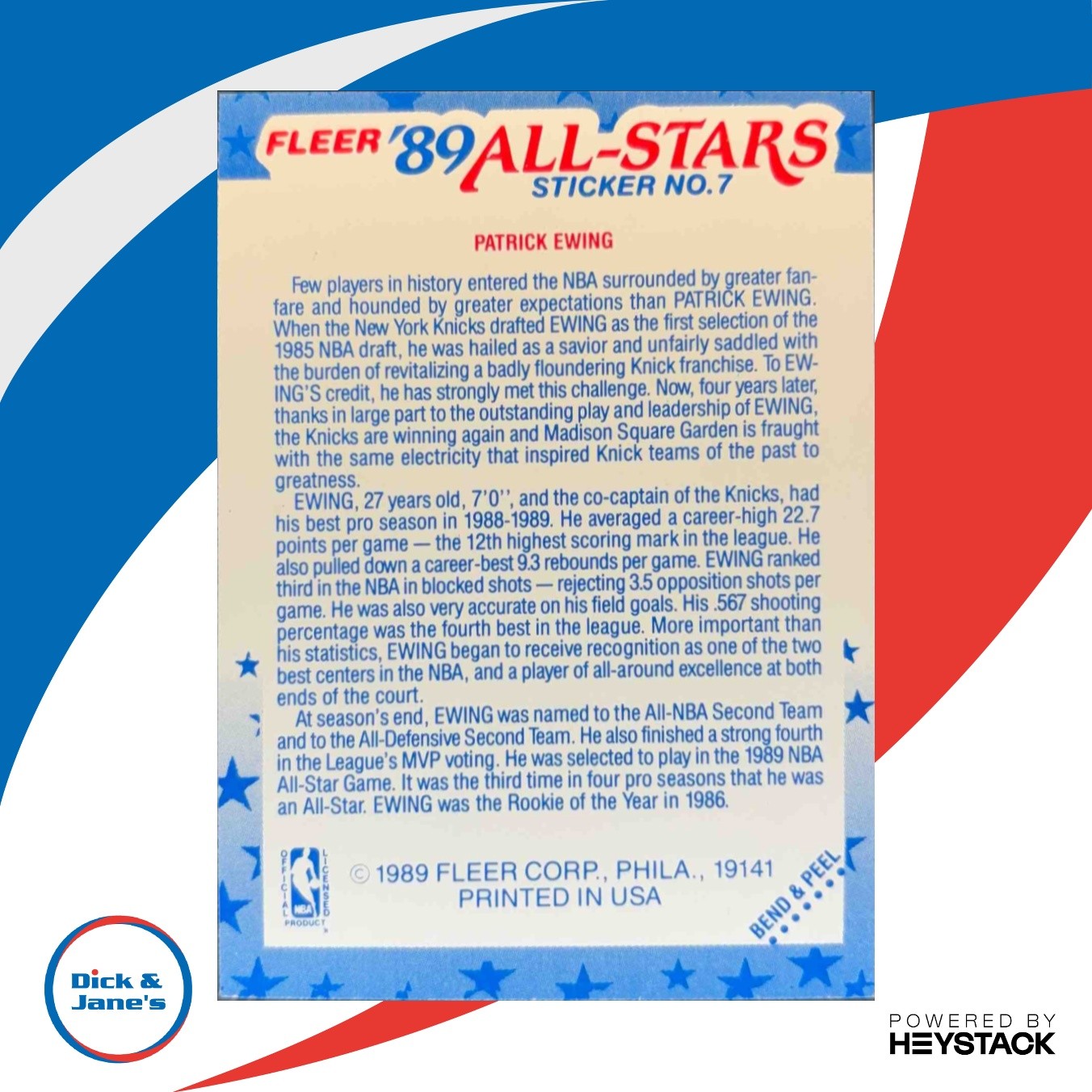1989-90 Fleer Patrick Ewing Stickers #7 New York Knicks