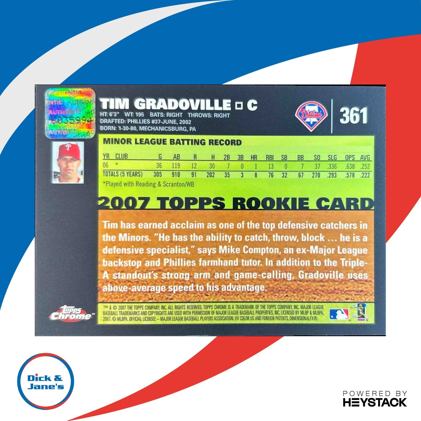 2007 Topps Chrome Tim Gradoville #361 Auto RC Philadelphia Phillies