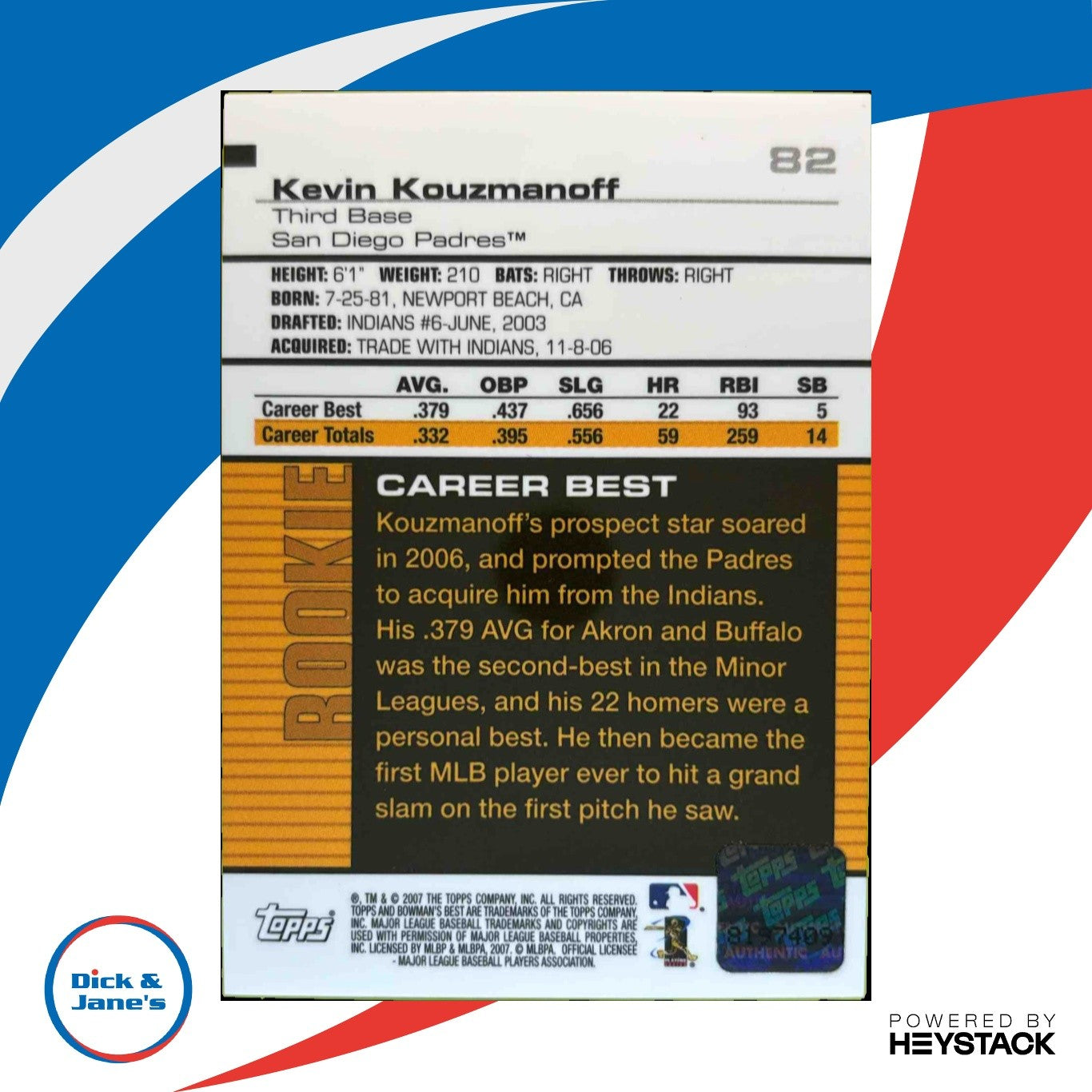 2007 Bowman 's Best Kevin Kouzmanoff #82 Auto RC San Diego Padres