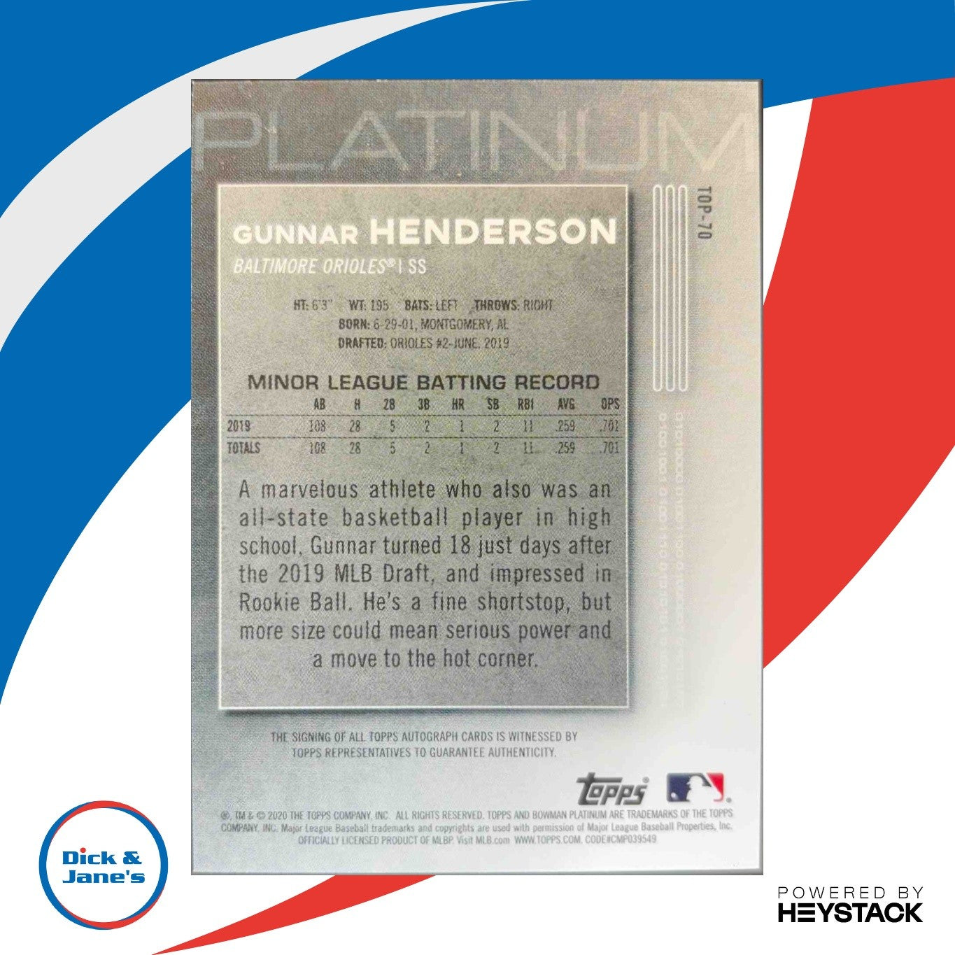 2020 Bowman Platinum Gunnar Henderson Top Prospect Auto TOP-70 Baltimore Orioles