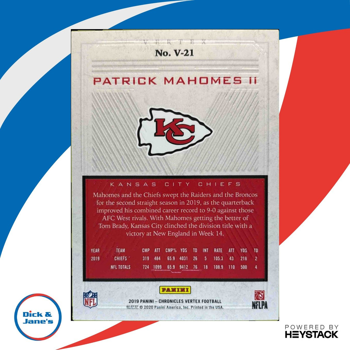 2019 Panini Chronicles Patrick Mahomes II Vertex #V-21 Kansas City Chiefs