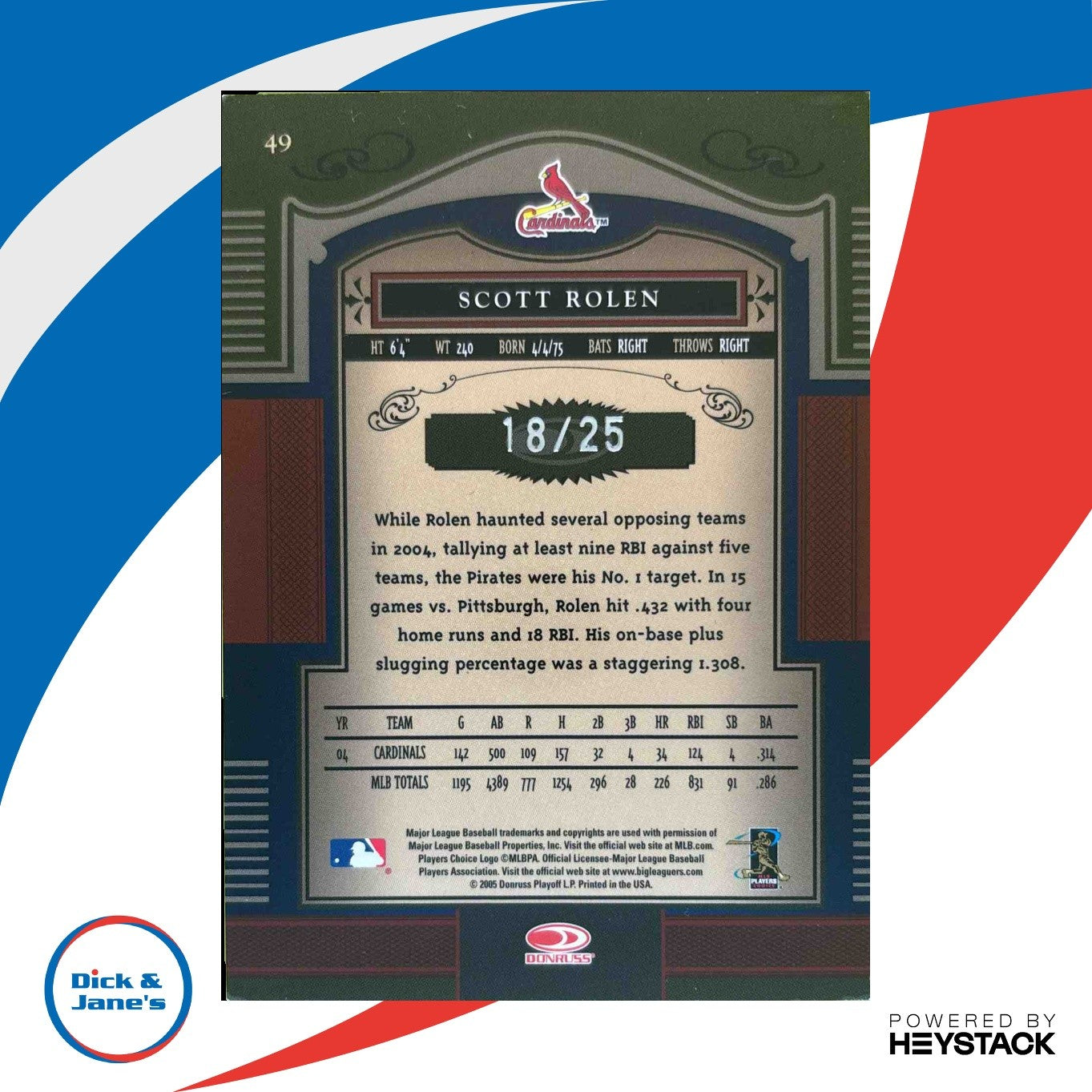 2005 Donruss Timeless Treasures Scott Rolen Signature Silver 18/25 #49 Autograph