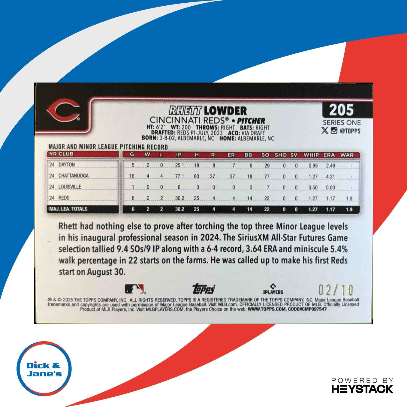 2025 Topps Rhett Lowder Black Rainbow Foilboard 2/10 #205 RC Cincinnati Reds