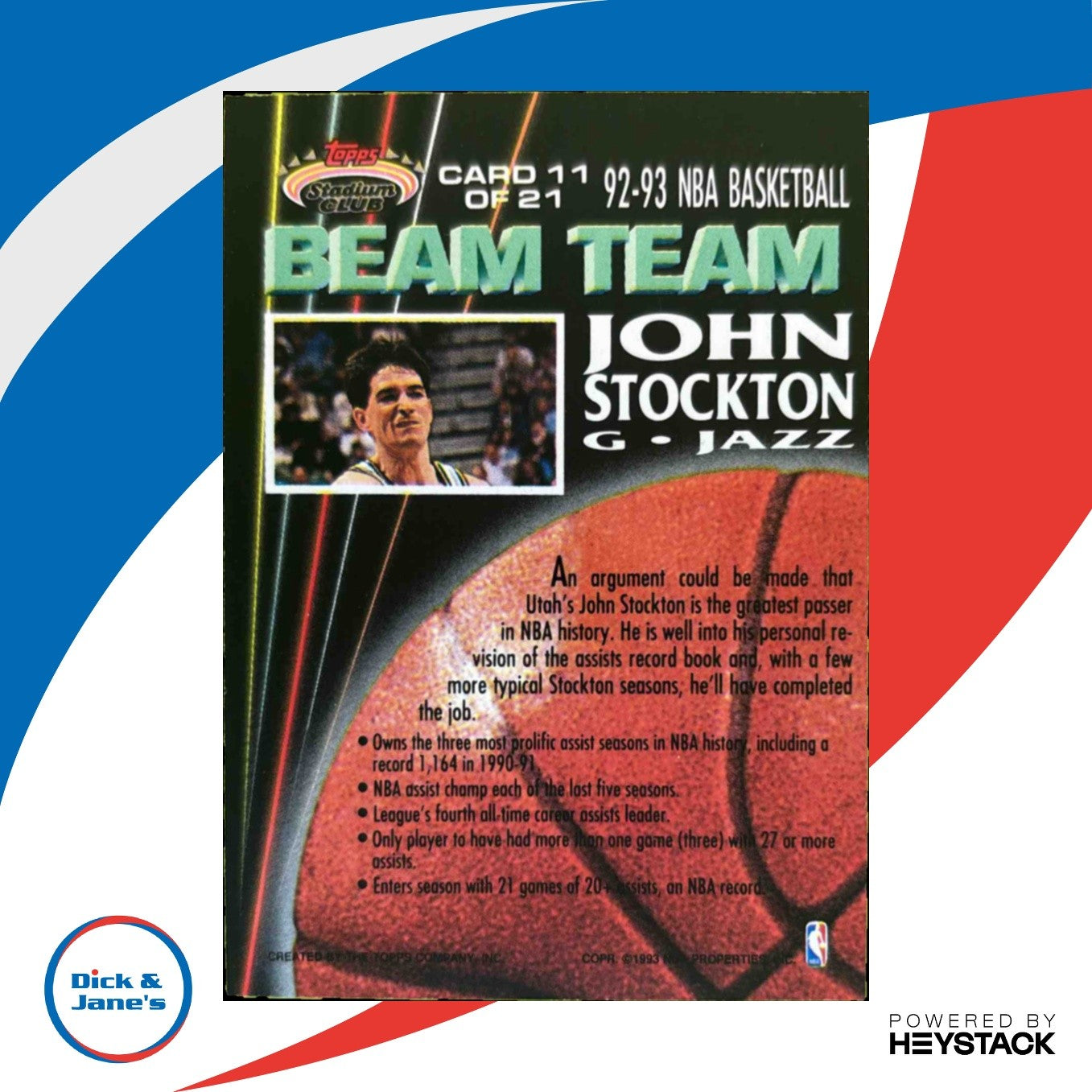 1992-93 Topps Stadium Club John Stockton Beam Team #11 Utah Jazz INV836311
