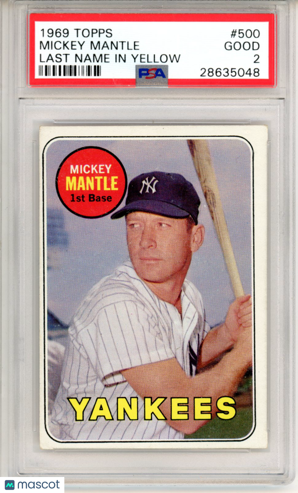 1969 Topps Mickey Mantle Last Name In Yellow #500 PSA 2 New York Yankees