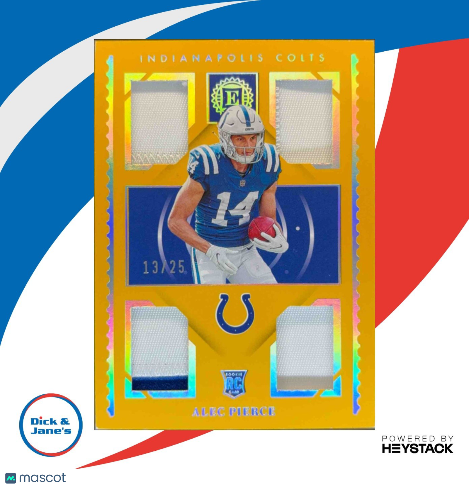 2022 Encased Alec Pierce Rookie Quad Memorabilia Gold 13/25 Indianapolis Colts