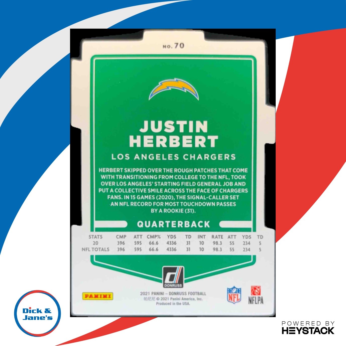 2021 Donruss Justin Herbert Press Proof Silver Die Cut 33/75 #70b Chargers