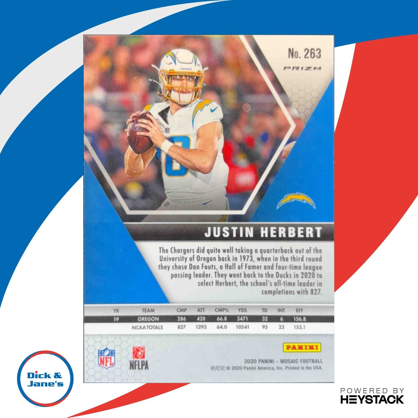 2020 Panini Mosaic Justin Herbert Prizm Reactive Blue RC Los Angeles Chargers