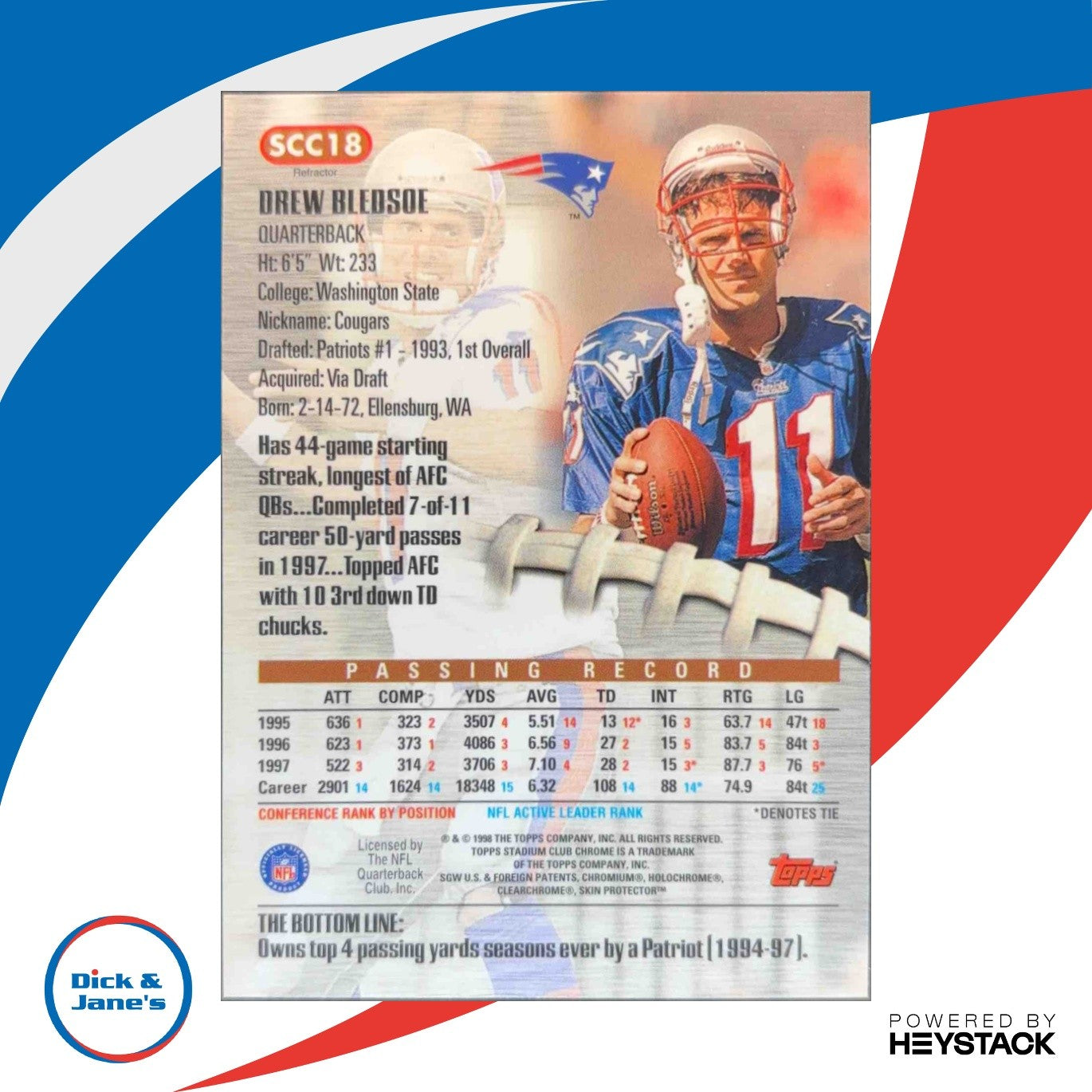 1998 Topps Stadium Club Drew Bledsoe Chrome Refractor SCC18 New England Patriots