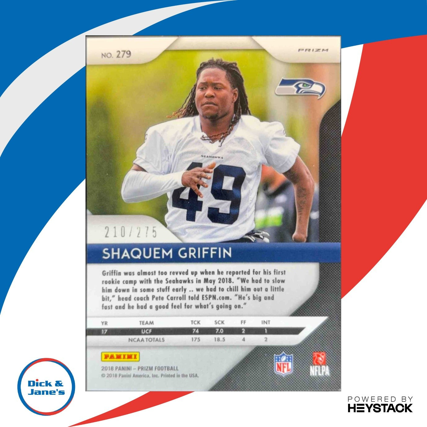 2018 Panini Prizm Shaquem Griffin Hyper 210/275 #279 RC Seattle Seahawks