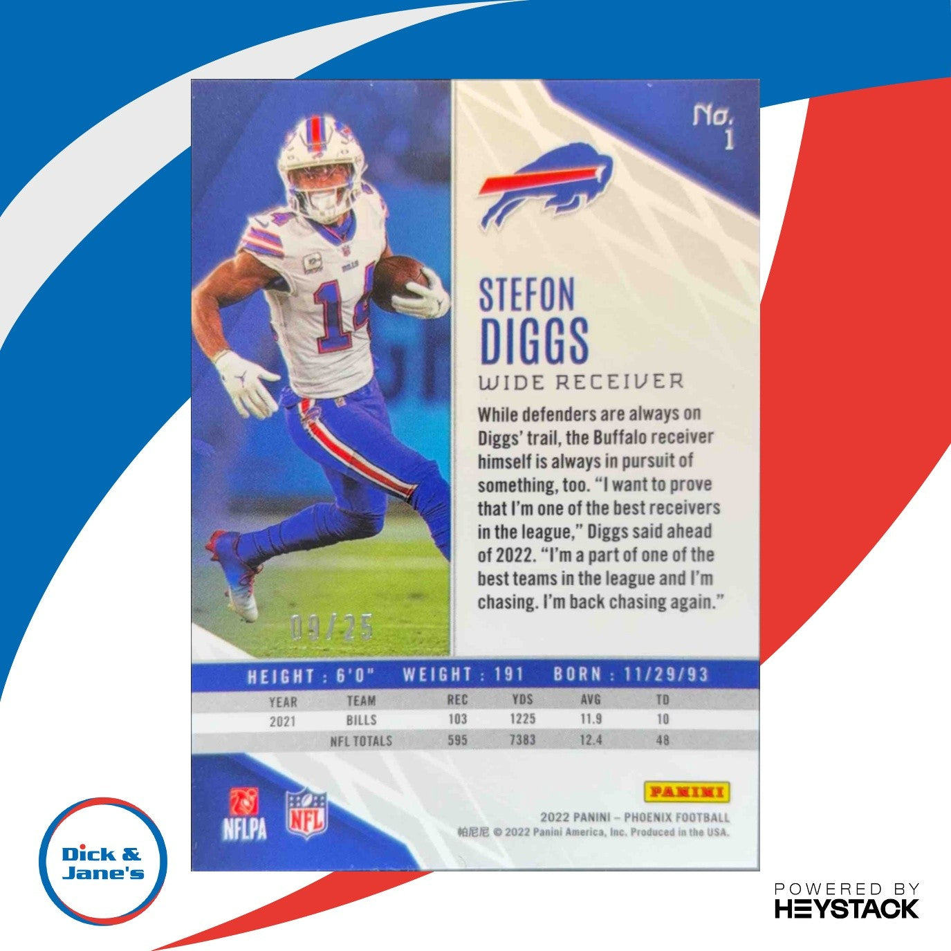 2022 Panini Phoenix Stefon Diggs Green Lazer 9/25 #1 Buffalo Bills