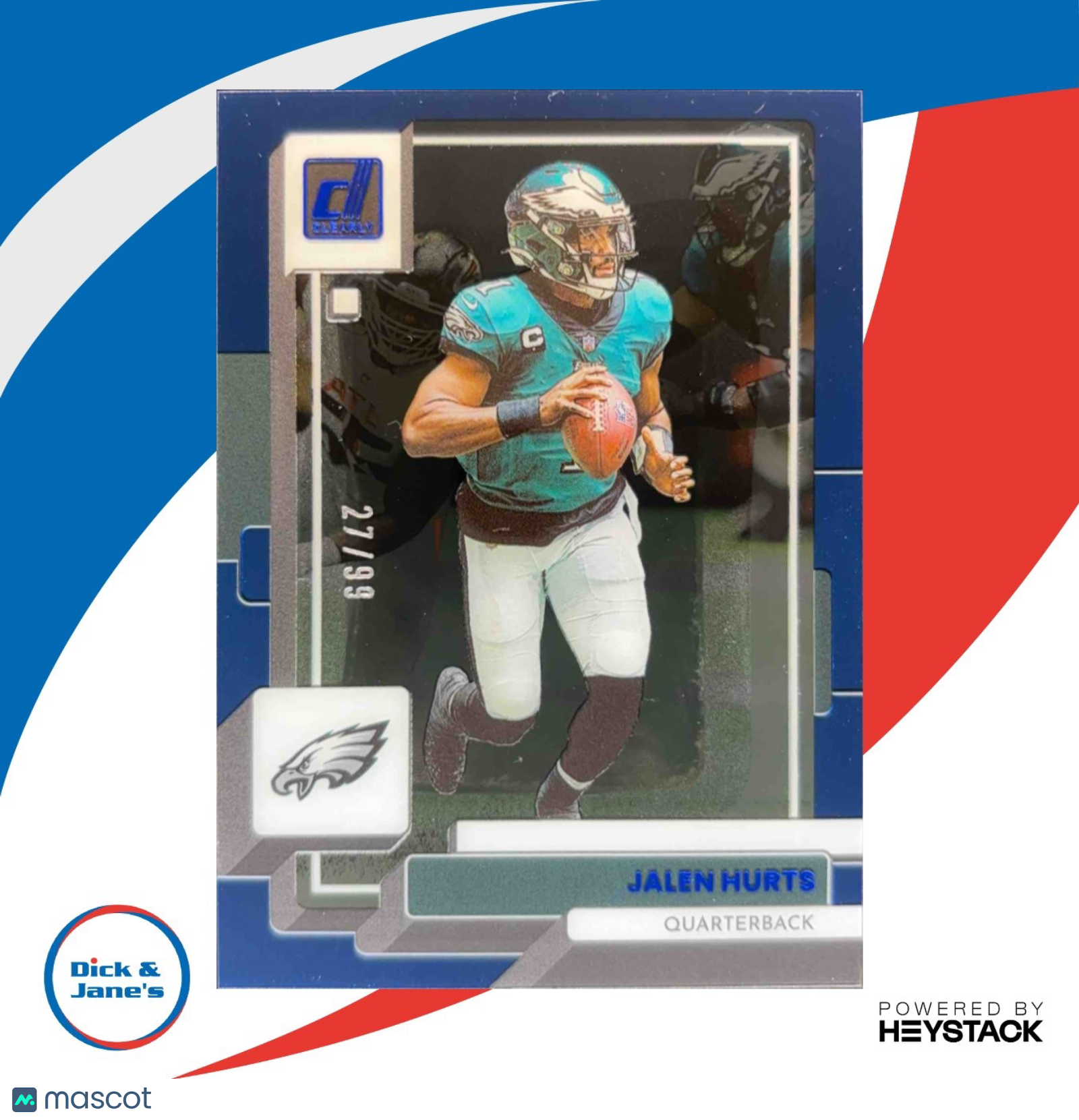 2022 Panini Clearly Donruss Jalen Hurts Blue 27/99 #38 Philadelphia Eagles