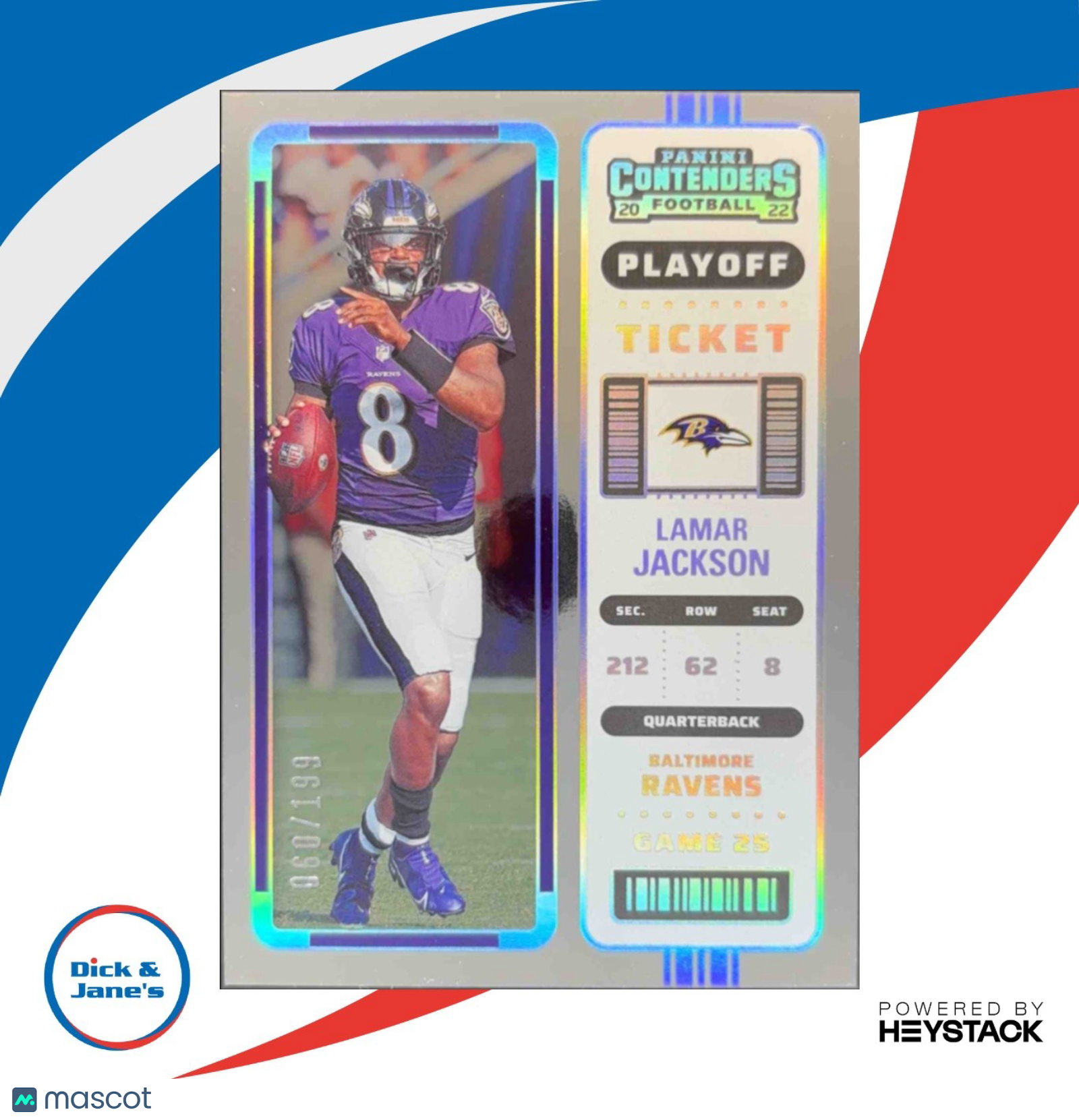 2022 Contenders Lamar Jackson Playoff Ticket 60/199 #5 Season Baltimore Ravens