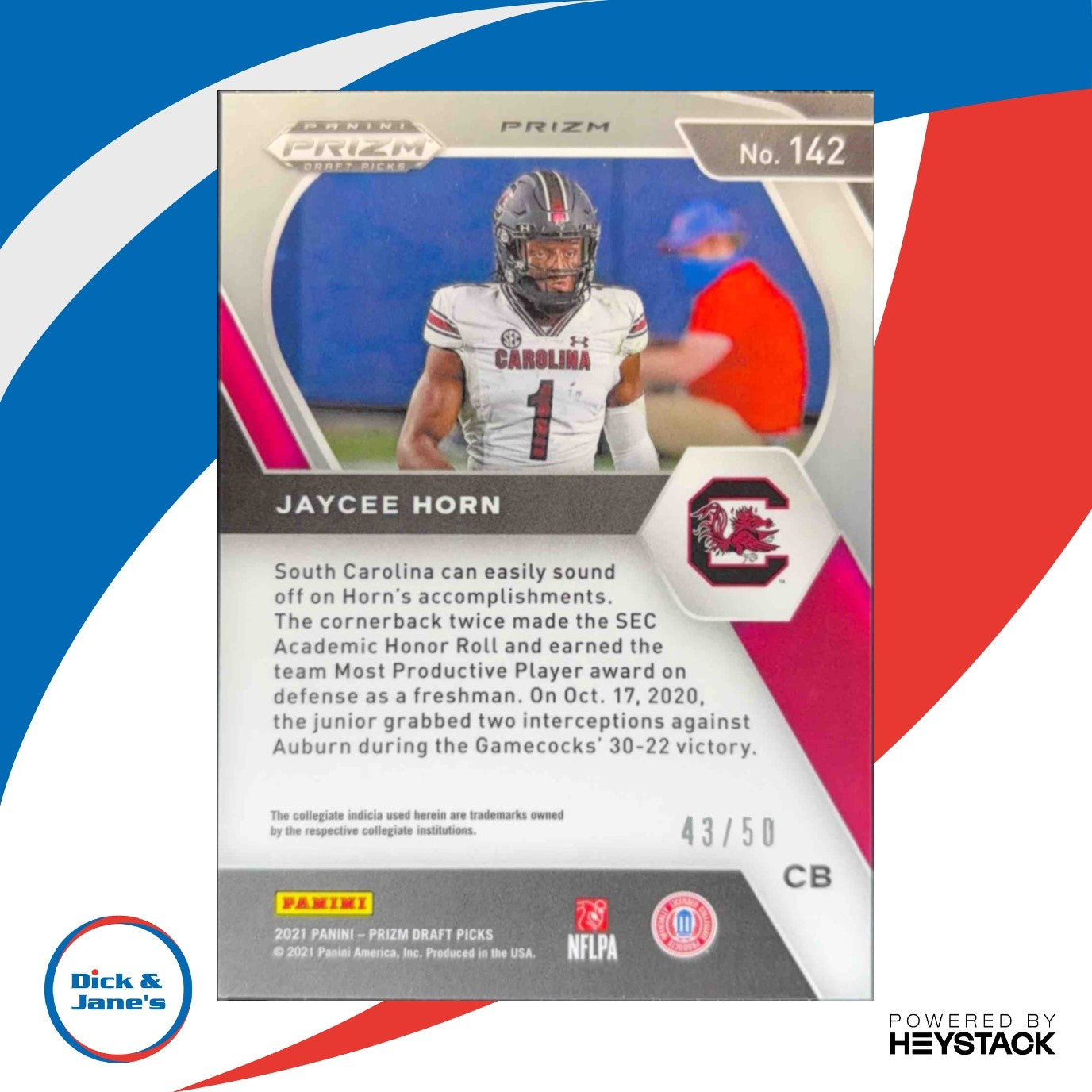 2021 Prizm Draft Picks Collegiate Jaycee Horn Purple Circles /50 RC Gamecocks