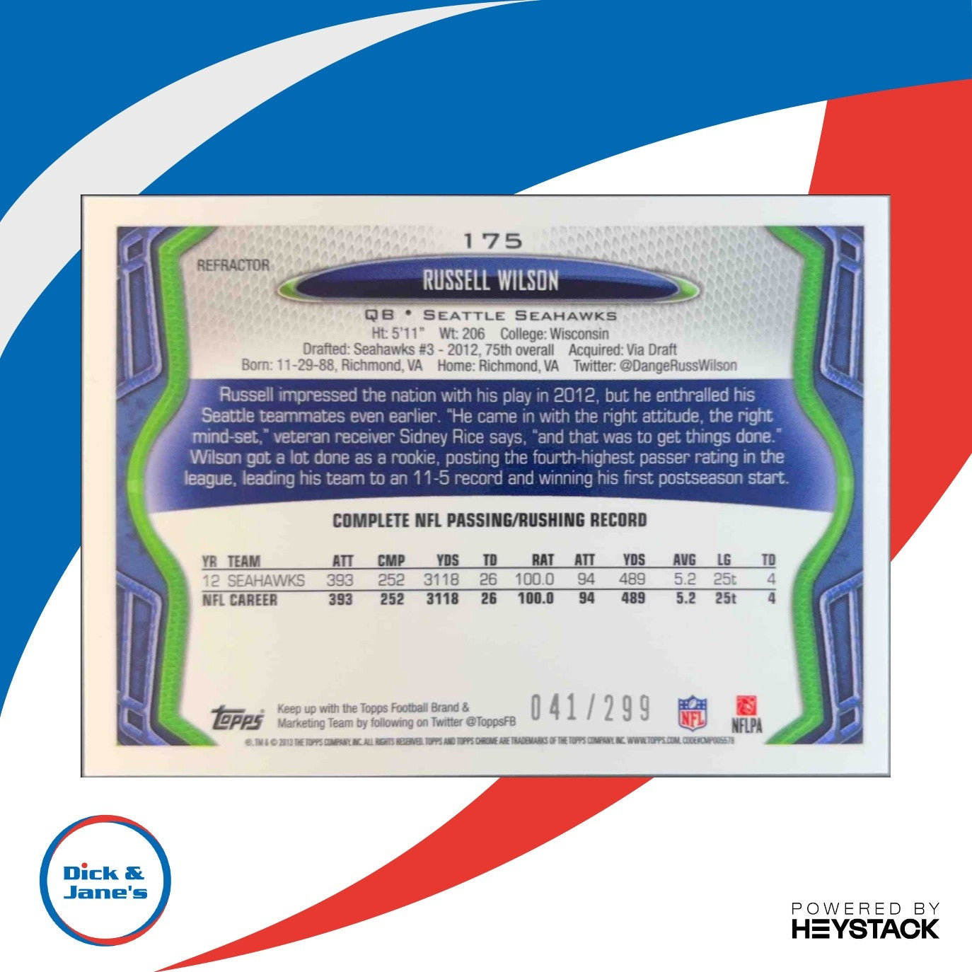 2013 Topps Chrome Russell Wilson Black Refractor 41/299 #175 Seattle Seahawks