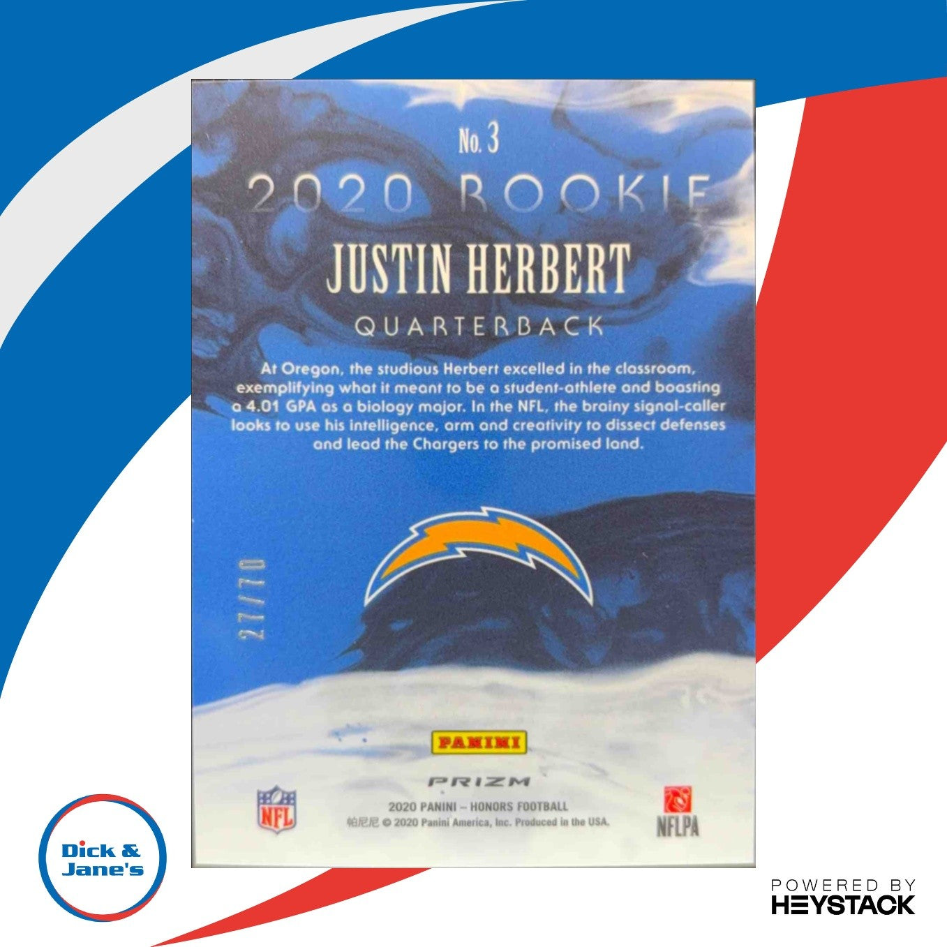 2020 Panini Honors Justin Herbert 2004 Rookies 27/70 #3 RC Los Angeles Chargers