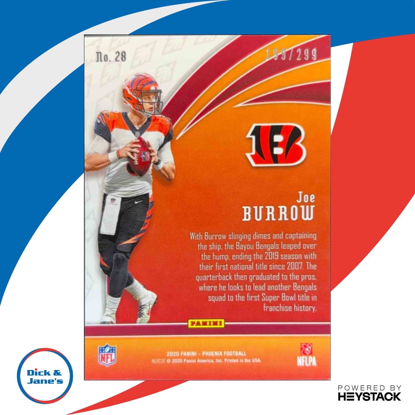 2020 Phoenix Joe Burrow Flame Throwers Red 199/299 #28 RC Cincinnati Bengals