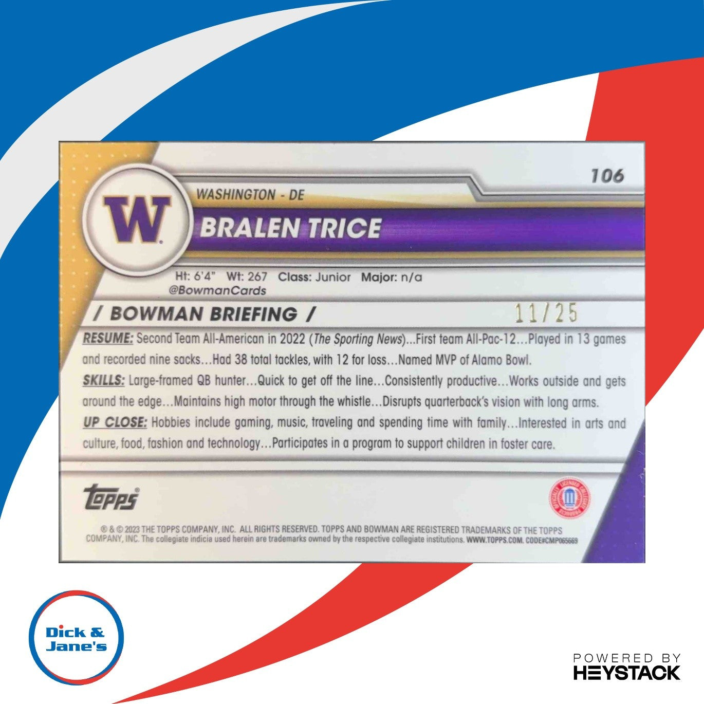 2023 Bowman University Chrome Bralen Trice Orange Refractor 11/25 #106 Huskies