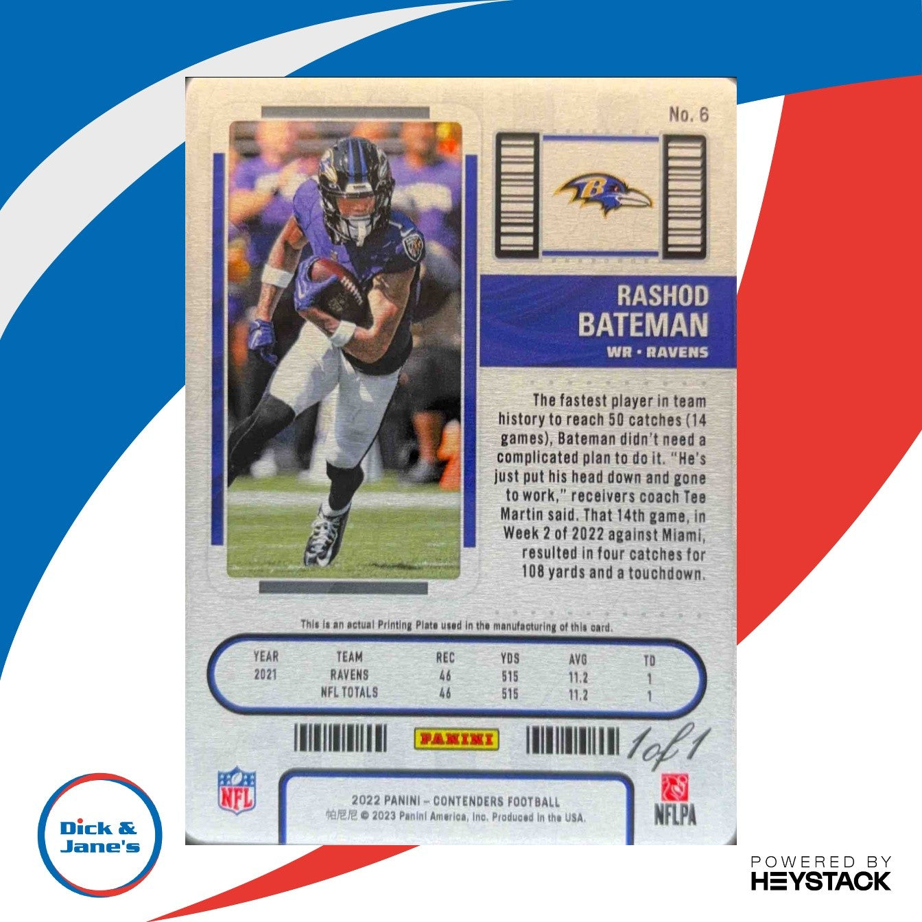 2022 Contenders Rashod Bateman Printing Plate Black 1/1 #6 Season Ticket Ravens