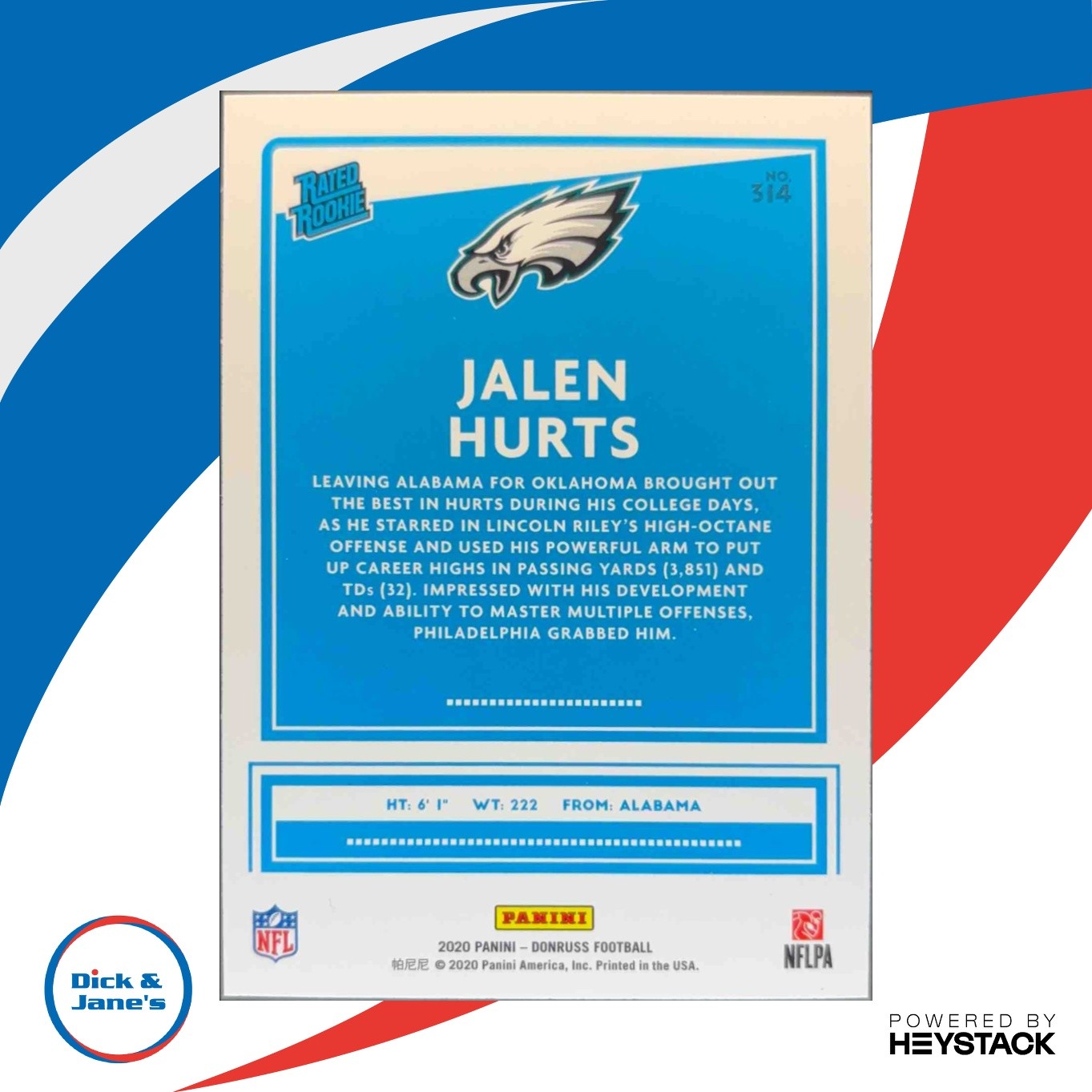 2020 Panini Donruss Jalen Hurts Press Proof Blue #314 RC Philadelphia Eagles