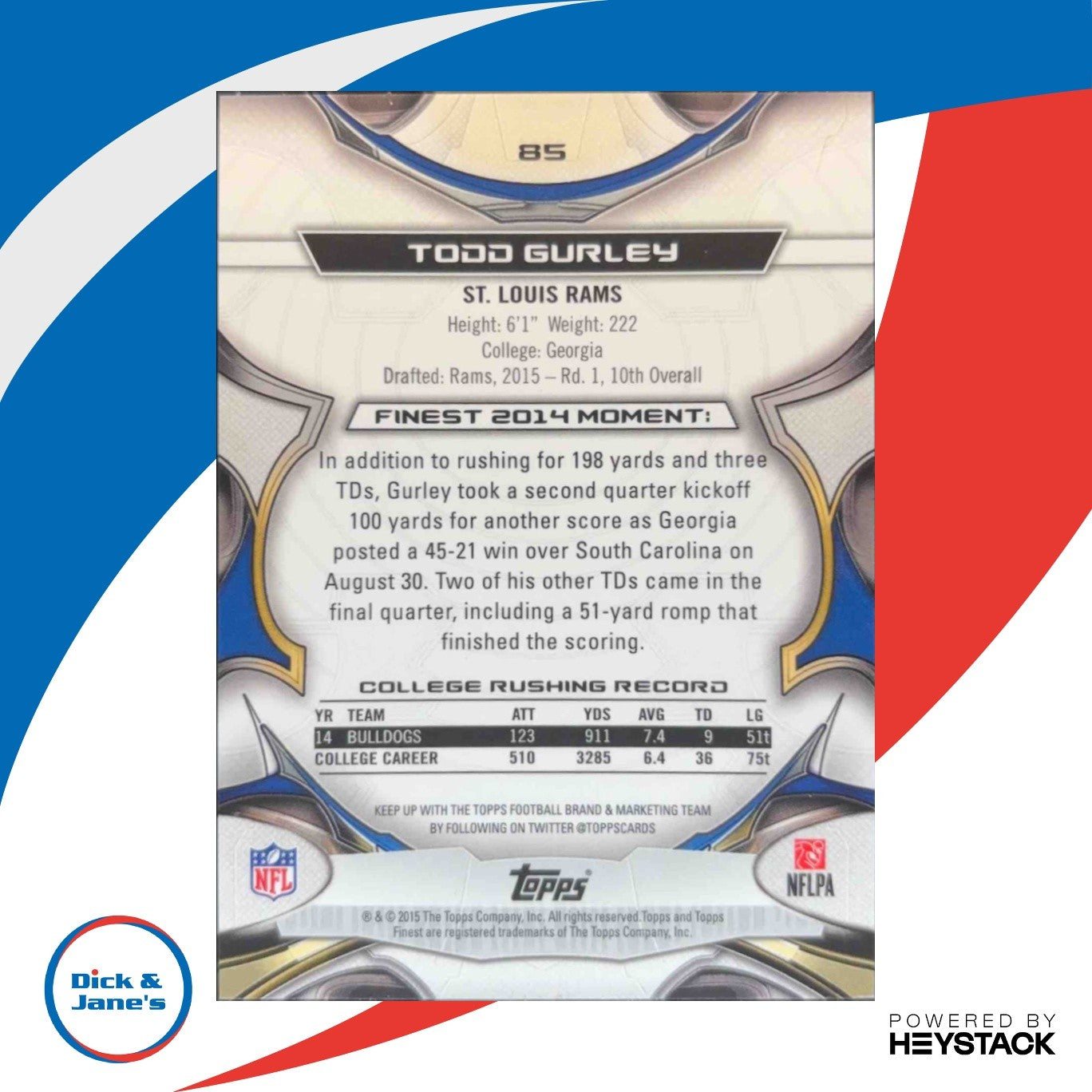 2015 Topps Finest Todd Gurley Blue Refractor 7/250 #85 RC St. Louis Rams