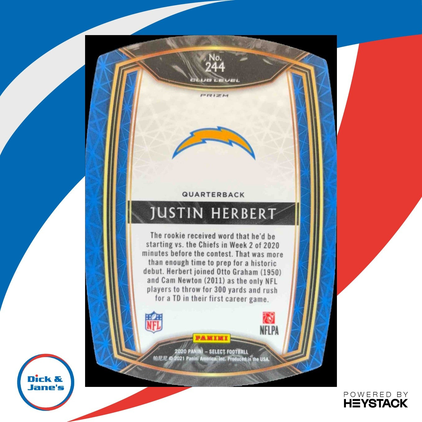 2020 Select Justin Herbert Purple Prizm Die Cut 244 Club RC Los Angeles Chargers