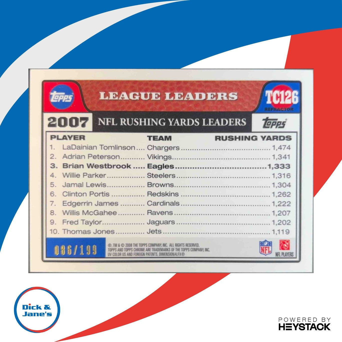 2008 Topps Chrome Brian Westbrook Gold Refractor 86/199 Philadelphia Eagles