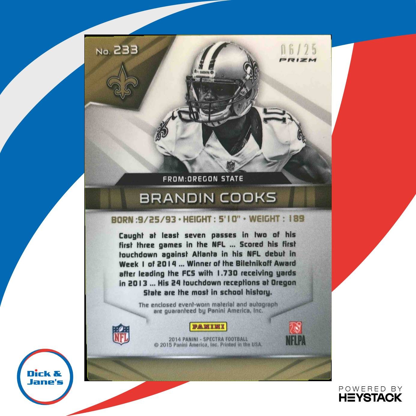 2014 Panini Spectra Brandin Cooks Prizms Gold 6/25 RC Auto New Orleans Saints