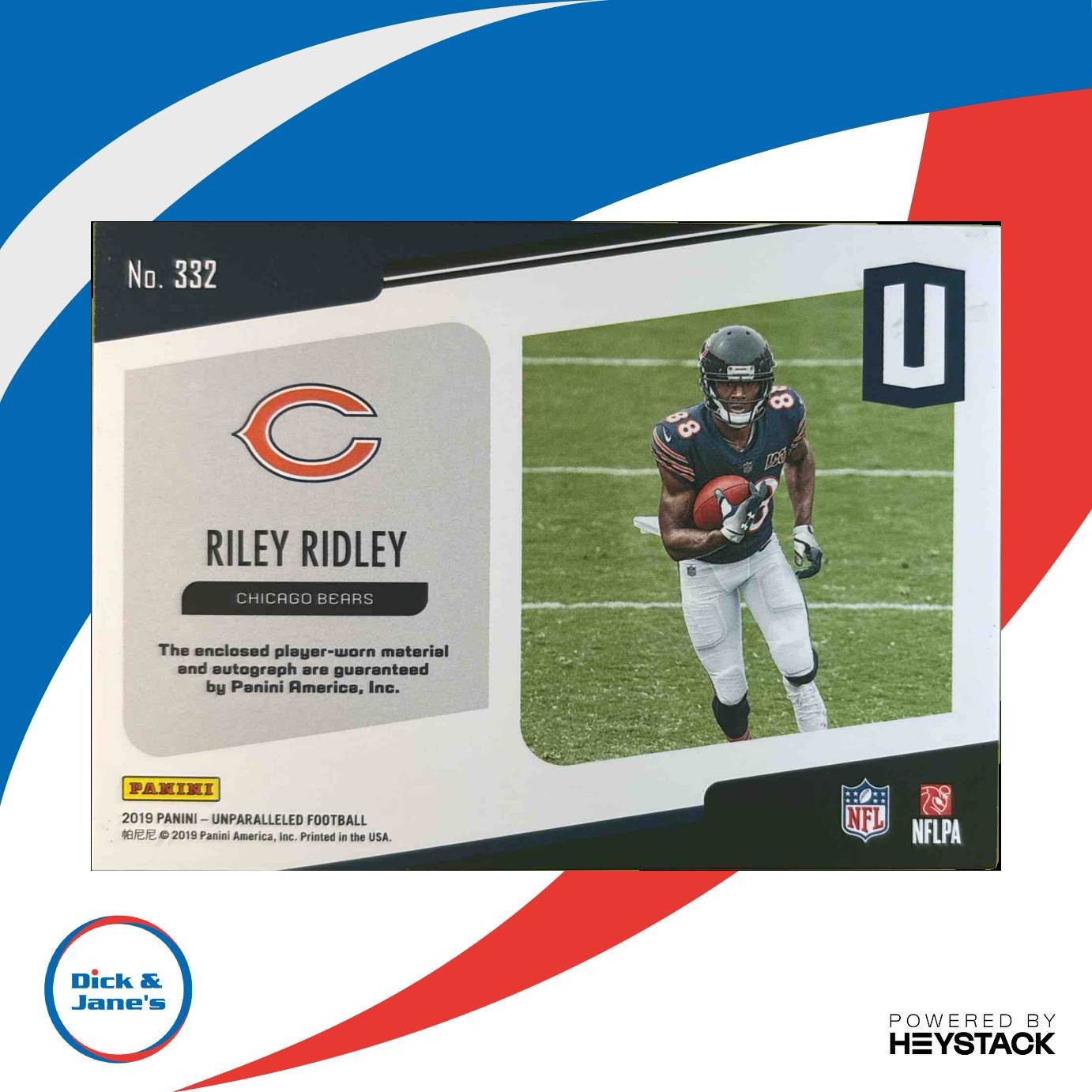 2019 Panini Unparalleled Riley Ridley Rookie Jersey Auto #332 RC Chicago Bears