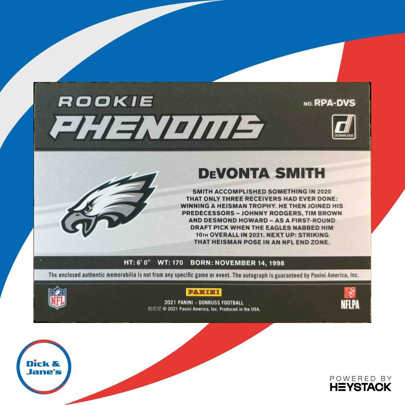 2021 Donruss DeVonta Smith Rookie Phenom Jersey Auto 40/99 Philadelphia Eagles