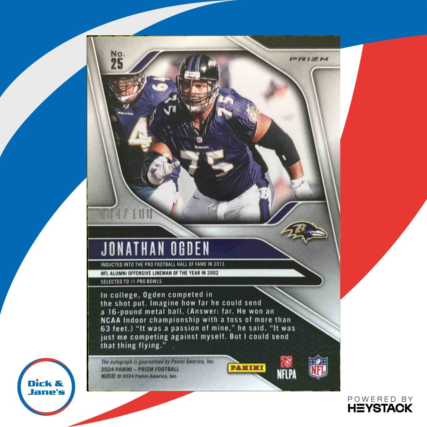 2024 Panini Prizm Jonathan Ogden Autograph Choice 4/100 25 Baltimore Ravens Auto