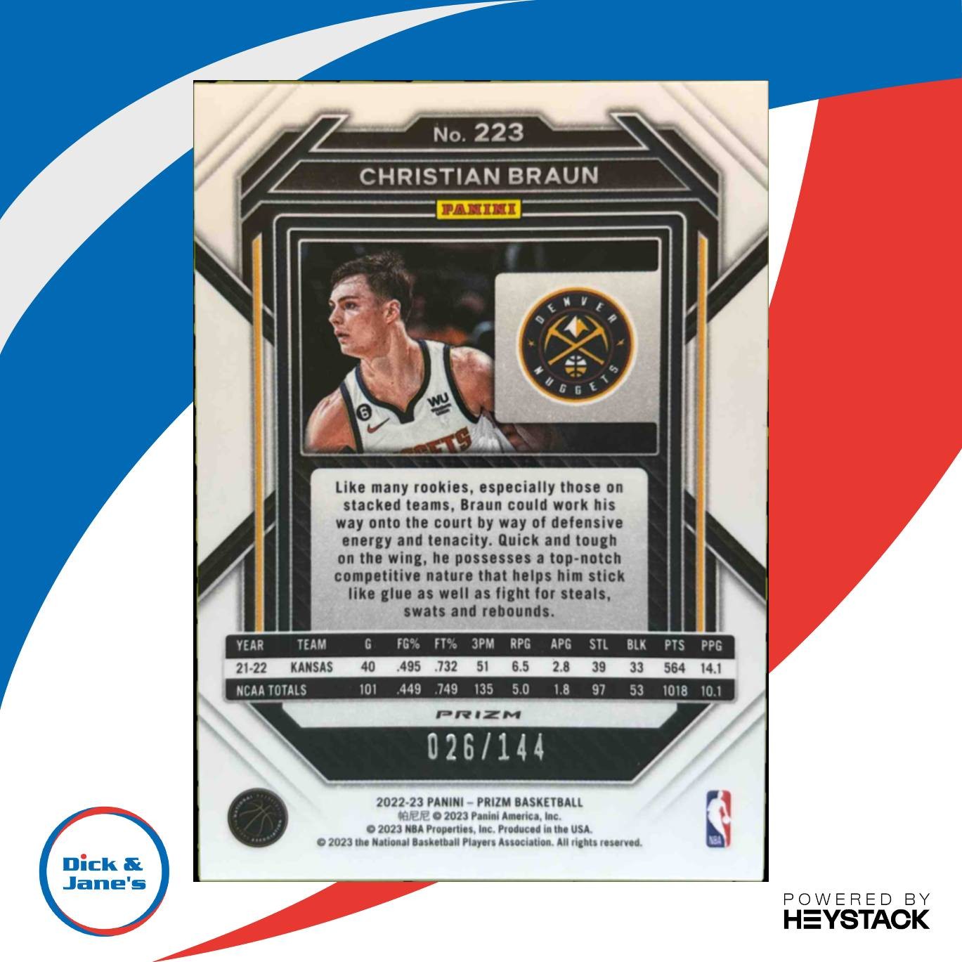 2022-23 Prizm Christian Braun Prizms Blue Sparkle 26/144 #223 RC Denver Nuggets