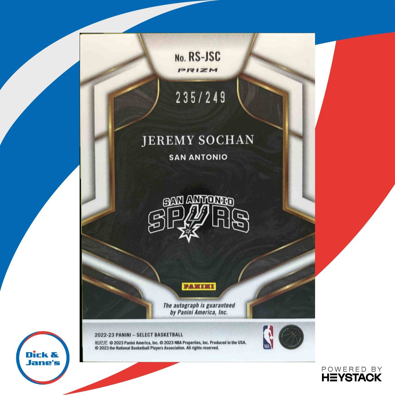2022-23 Panini Select Jeremy Sochan Rookie Signatures/249 Auto San Antonio Spurs