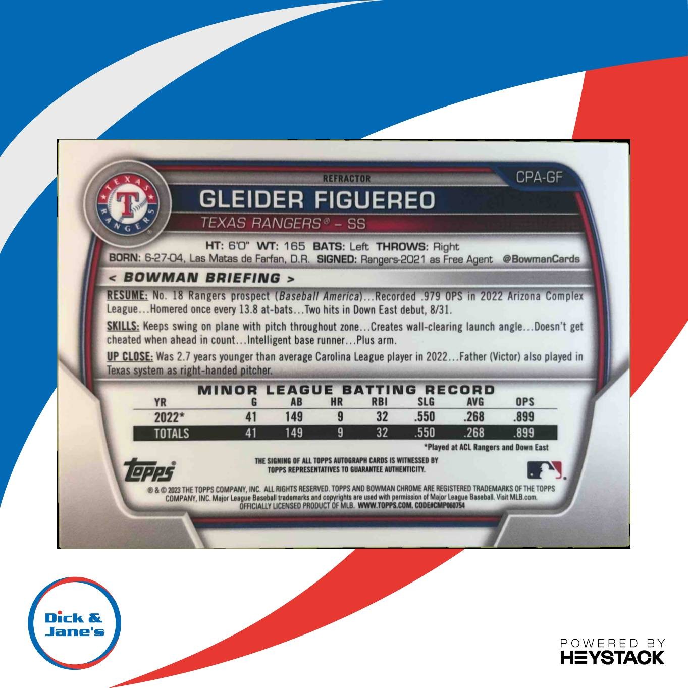 2023 Bowman Gleider Figuereo Chrome Auto Refractor 269/499 #CPA-GF 1st Prospect