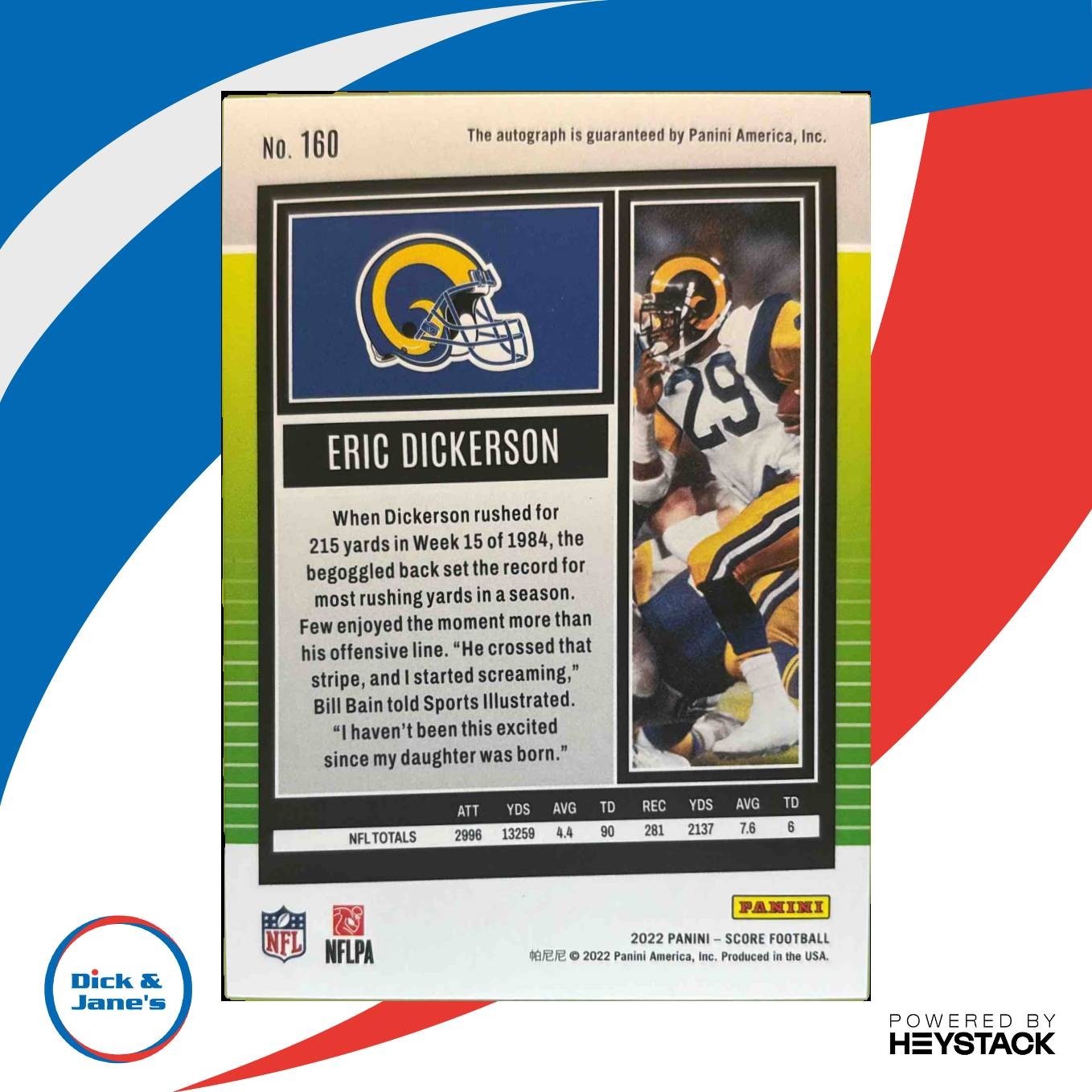 2022 Score Eric Dickerson Signatures Gold Zone 2/50 #160 Auto Los Angeles Rams