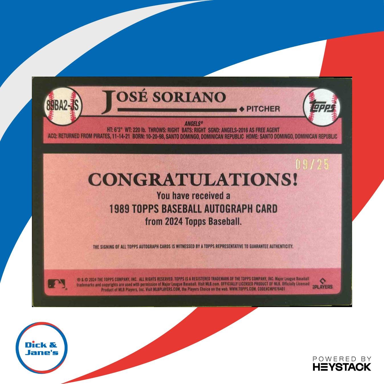 2024 Topps Update '89 Topps Autographs Red Jose Soriano 09/25 LA Angels